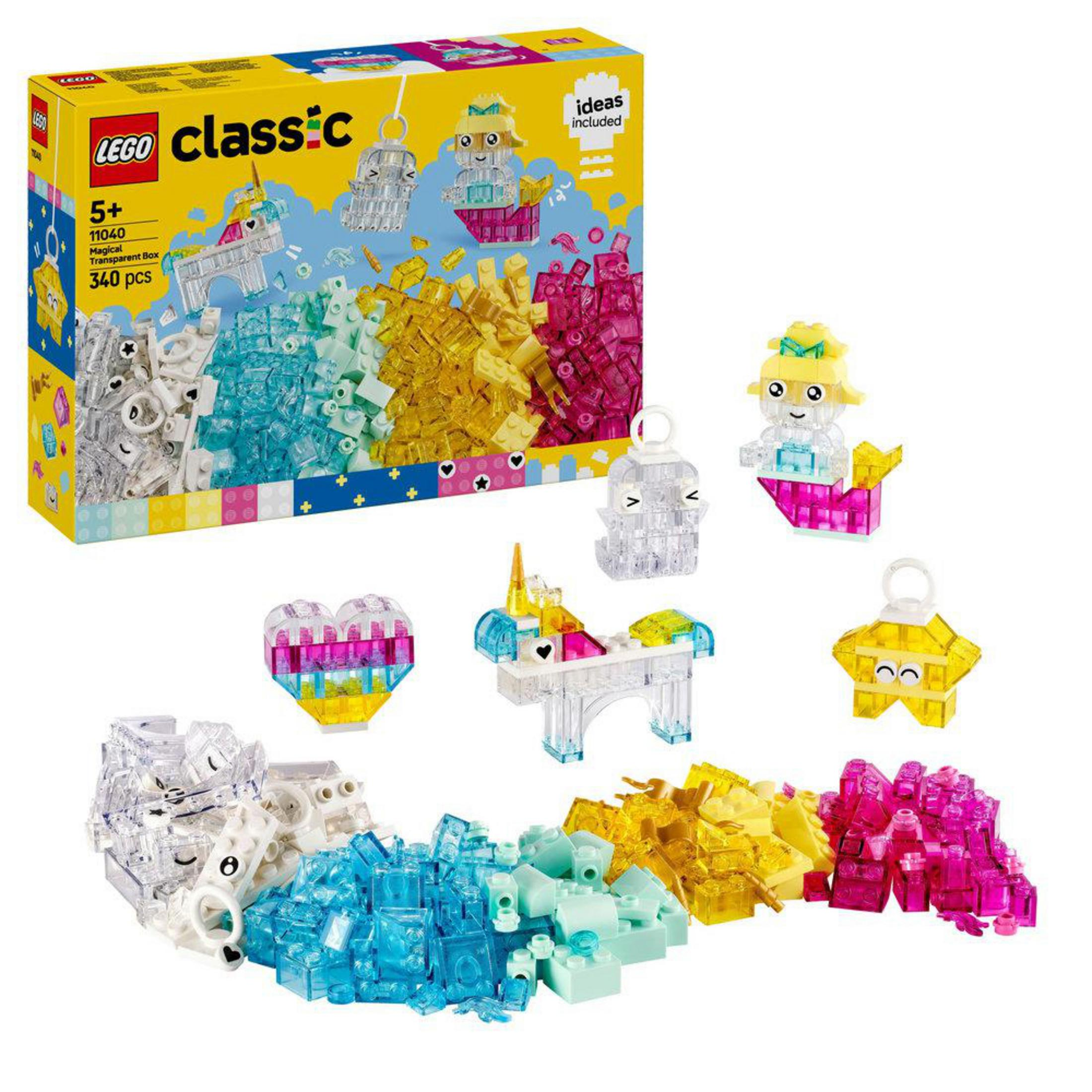 Set Caja Transparente Mágica LEGO Classic con ladrillos transparentes, unicornio, corazón, estrella y sirena.