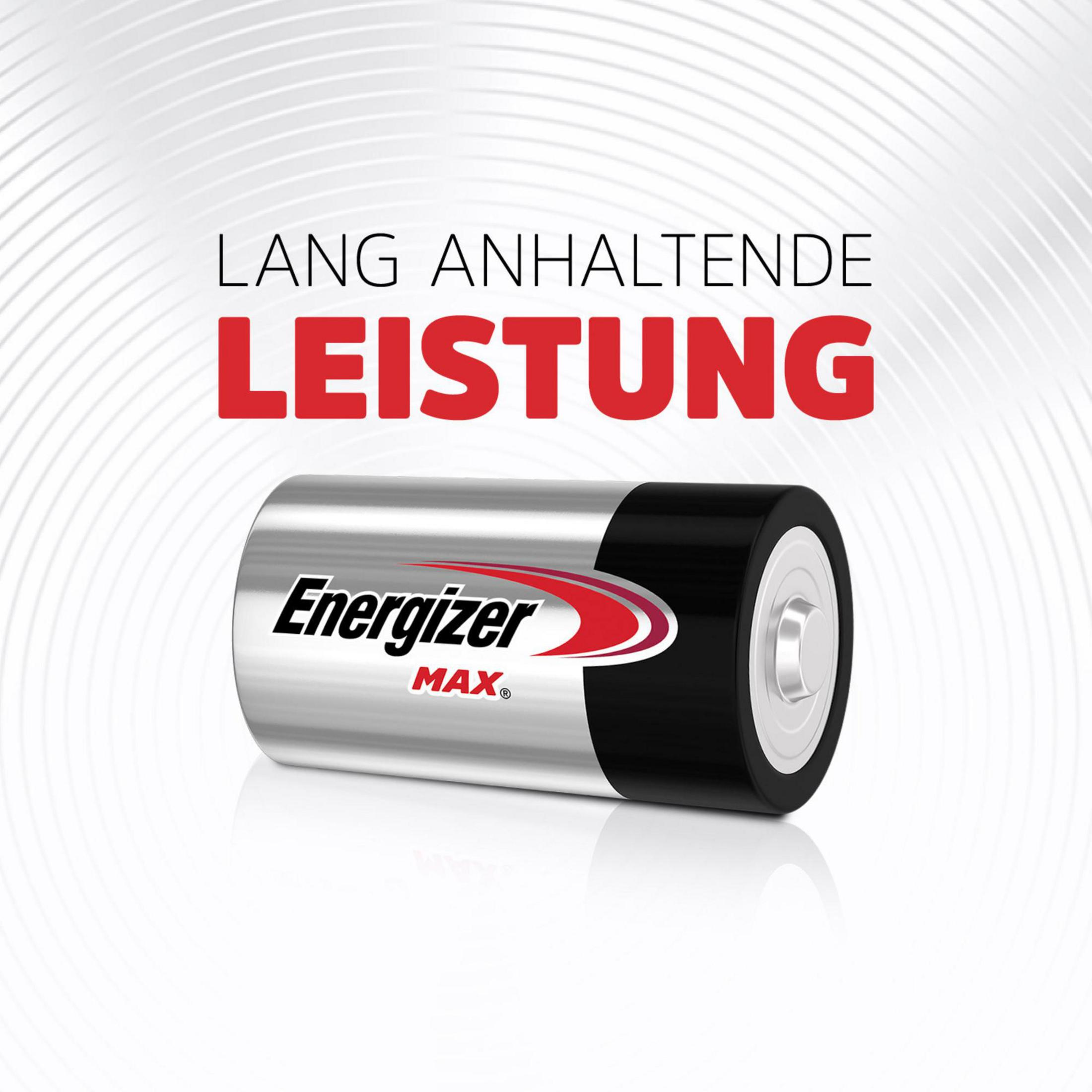 Energizer Max Batterie mit Text 'Lang anhaltende Leistung'.