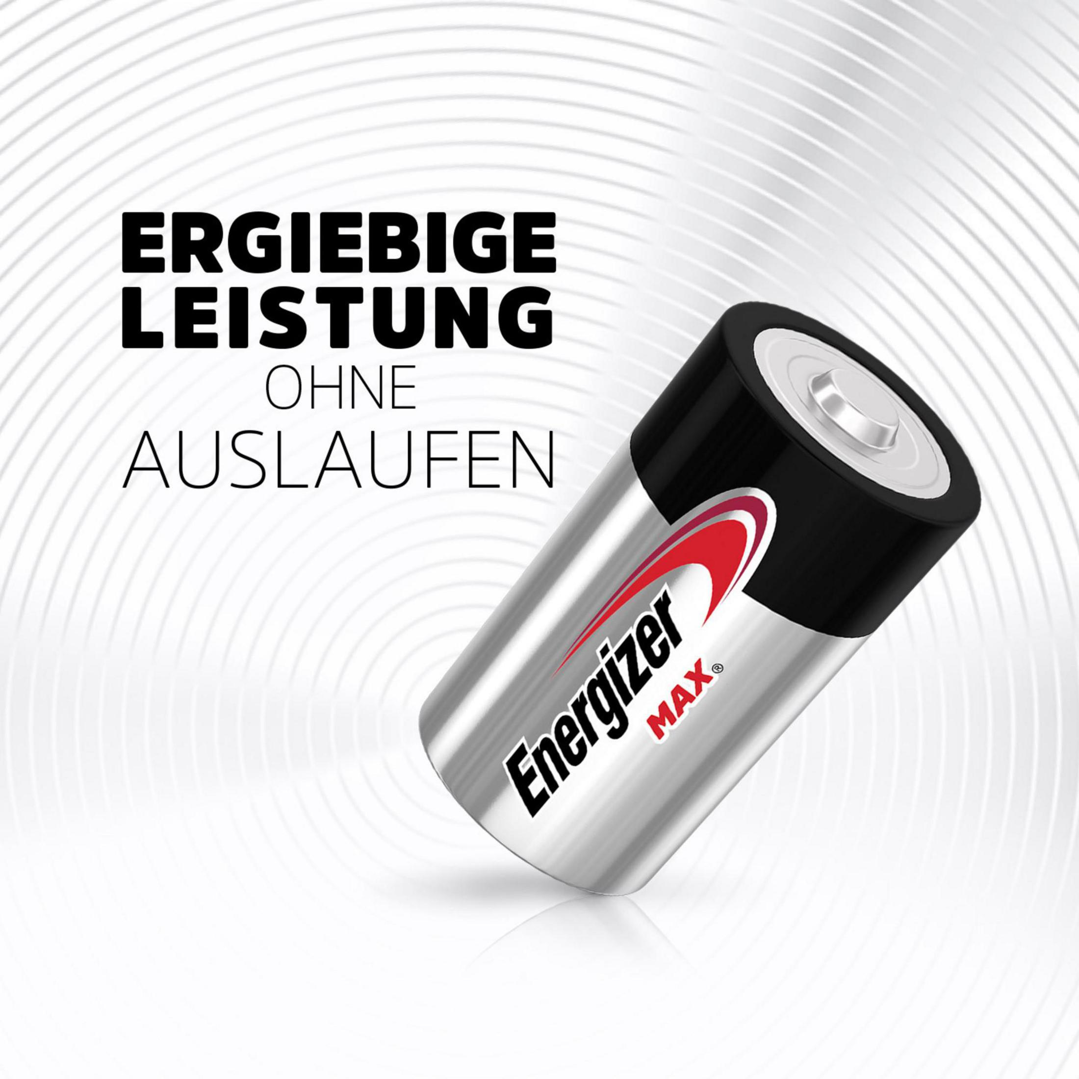 Energizer MAX Batterie mit schwarzem und silbernem Gehäuse und rotem Logo.