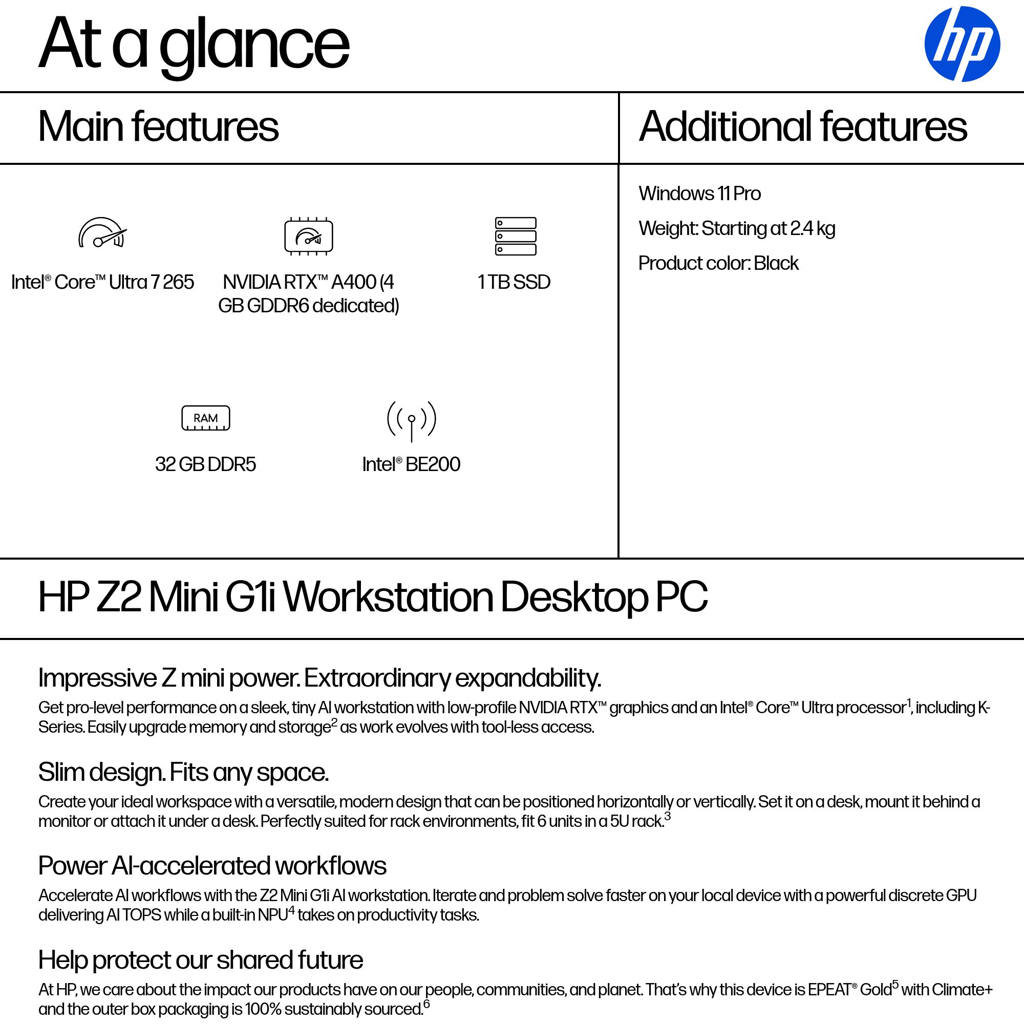 HP Z2 Mini G1i Workstation: Intel Core Ultra 7, NVIDIA RTX A400, 32GB DDR5, 1TB SSD.