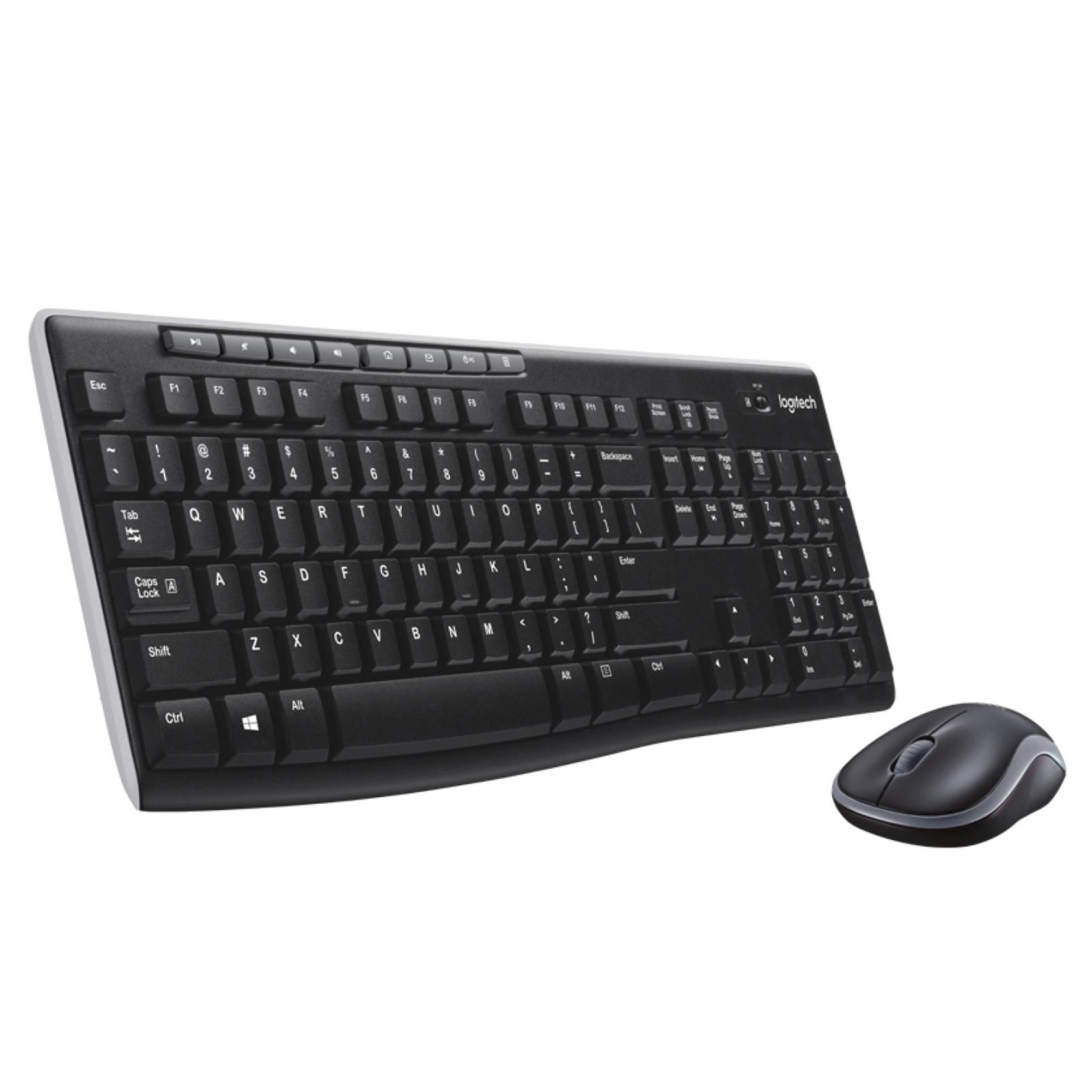 Una tastiera e un mouse Logitech neri su sfondo bianco.