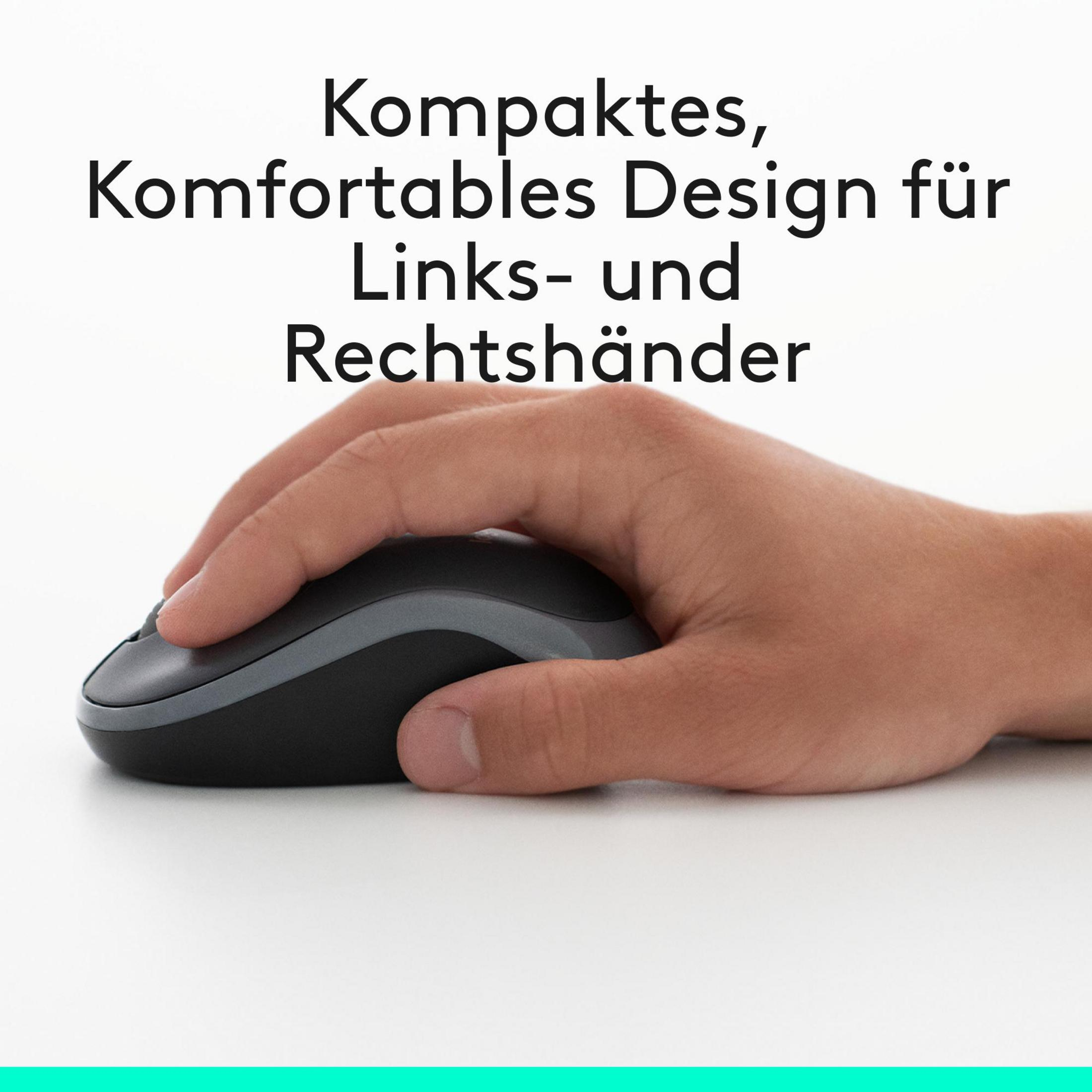 Una mano tiene un mouse del computer nero. Lo sfondo è bianco.