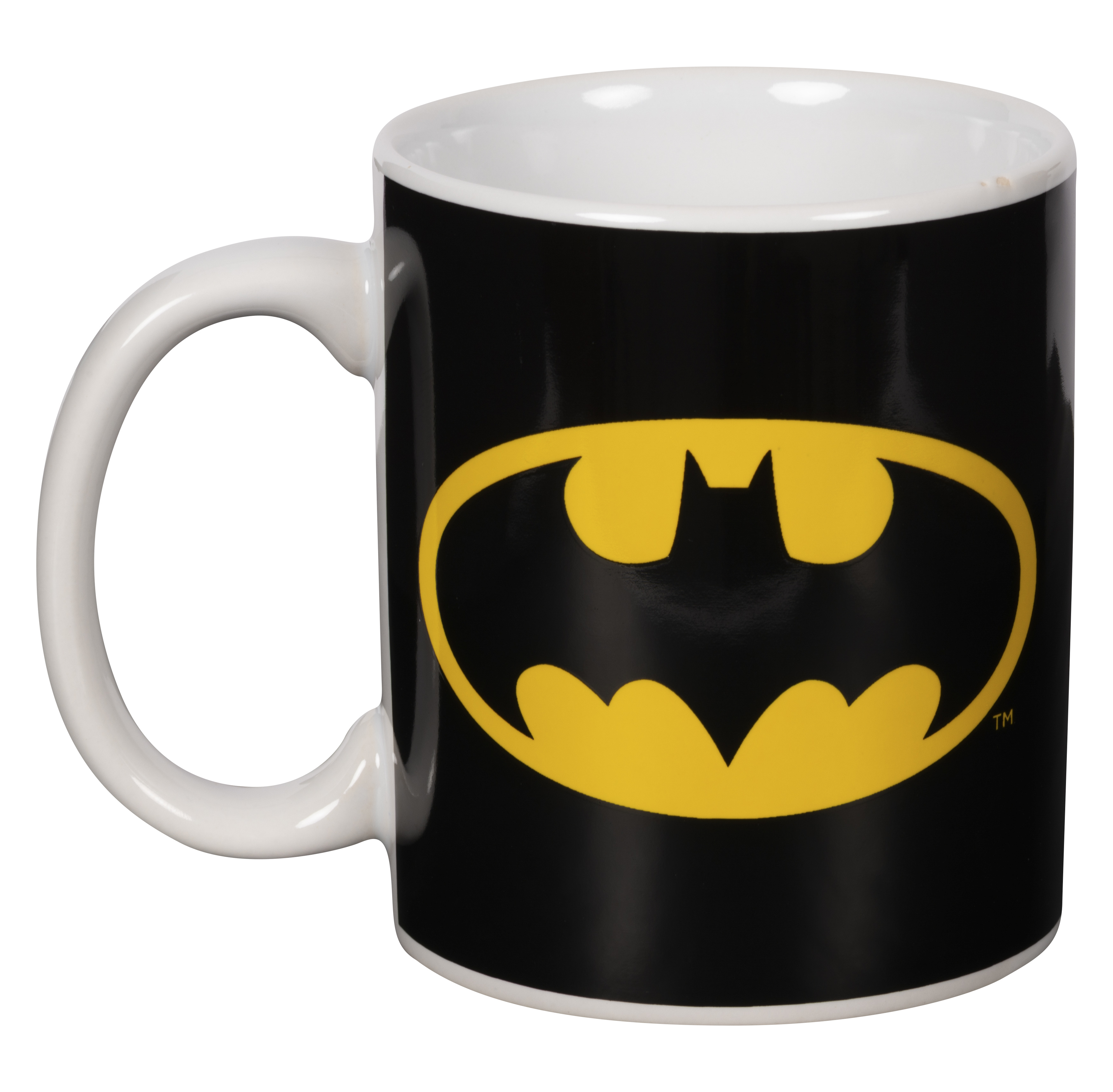 Schwarze Tasse mit gelbem Batman-Logo und weißem Henkel.