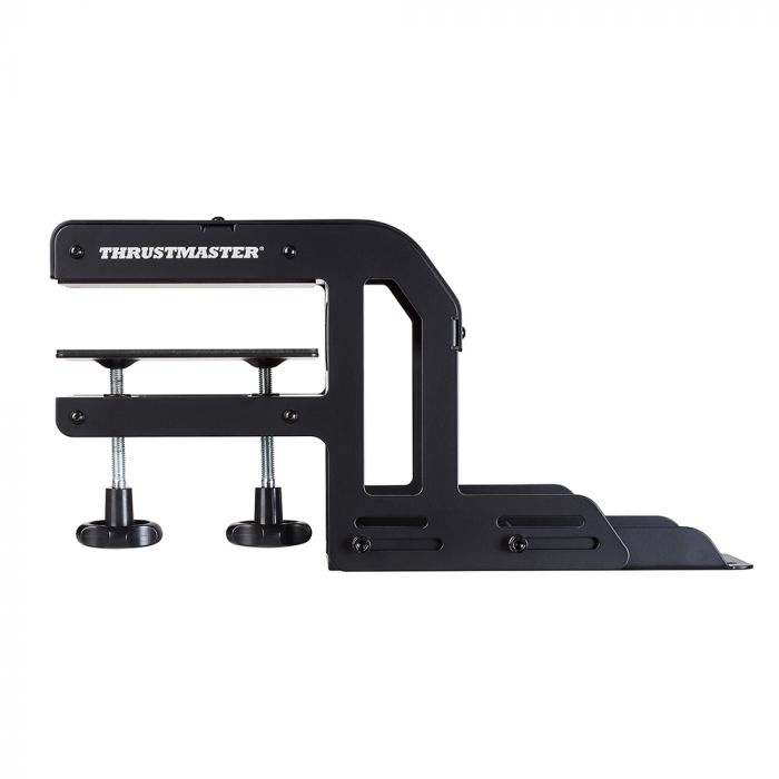 Schwarze Thrustmaster-Klemme mit Silberschrauben und schwarzen Knöpfen auf weißem Grund.