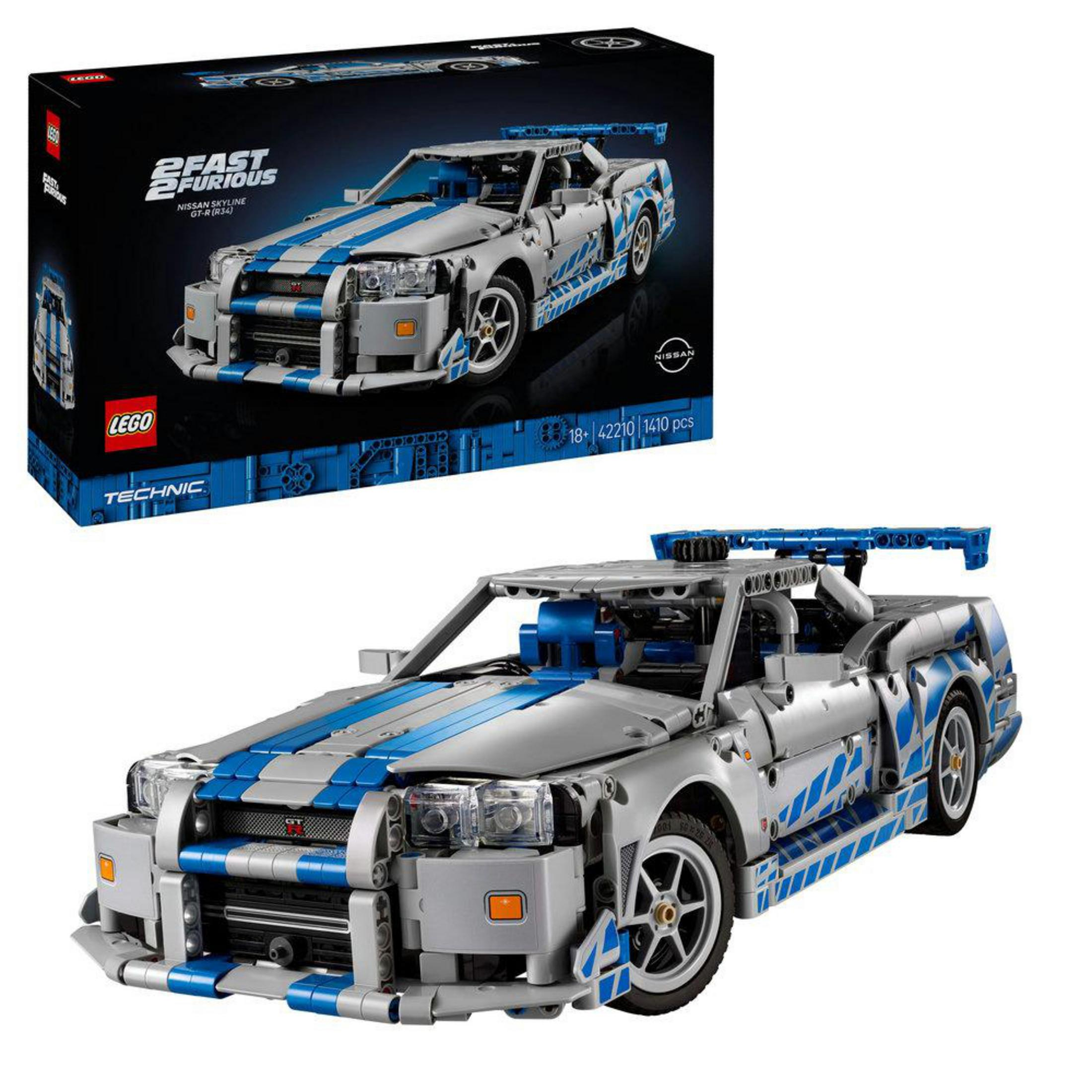 Mavi şeritli Lego Technic Nissan Skyline GT-R ve bir kutu.
