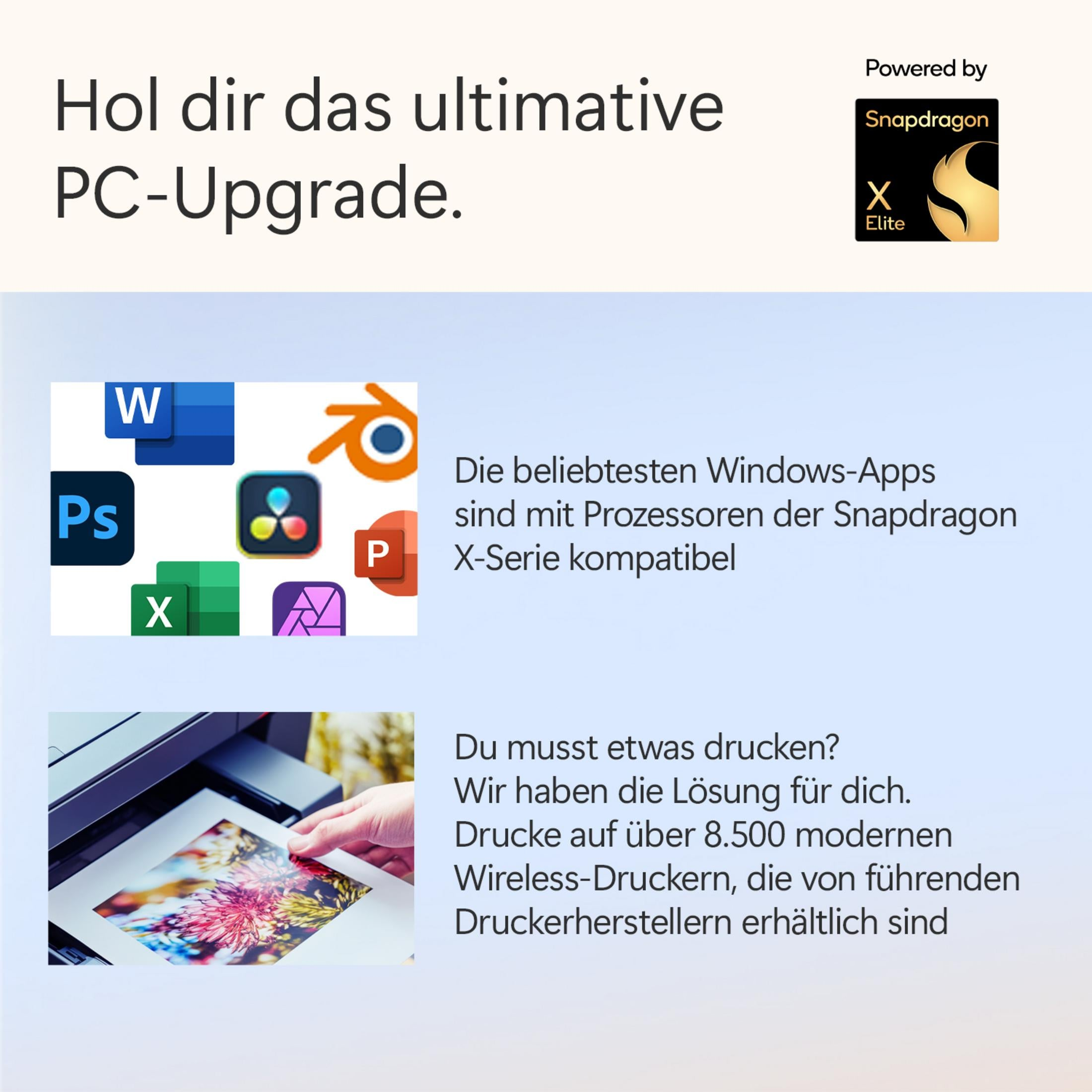 Icons für Windows-Apps und ein Drucker mit einem Farbdruck.