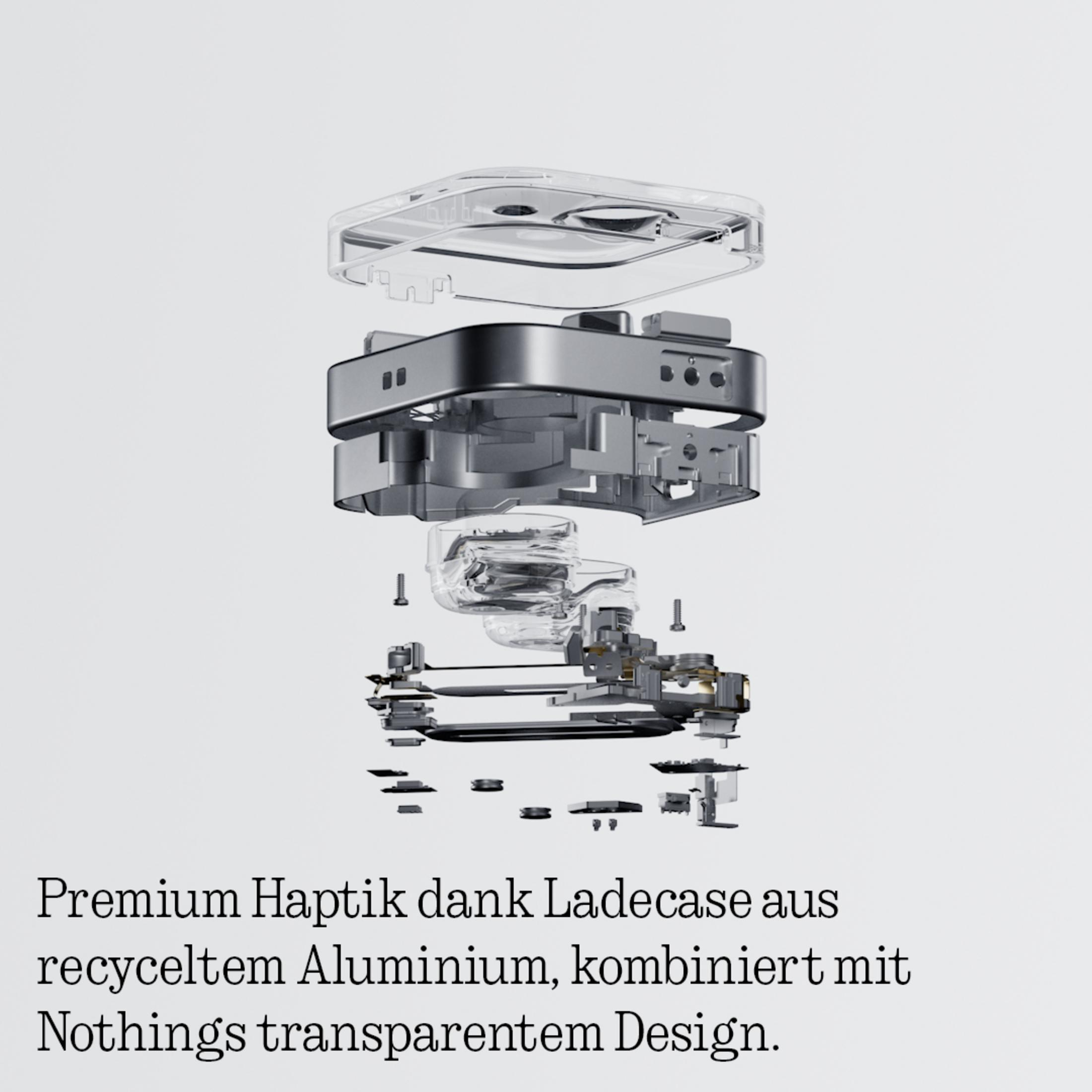 Exploded view van een transparante oplaadcase van metaal en glas.
