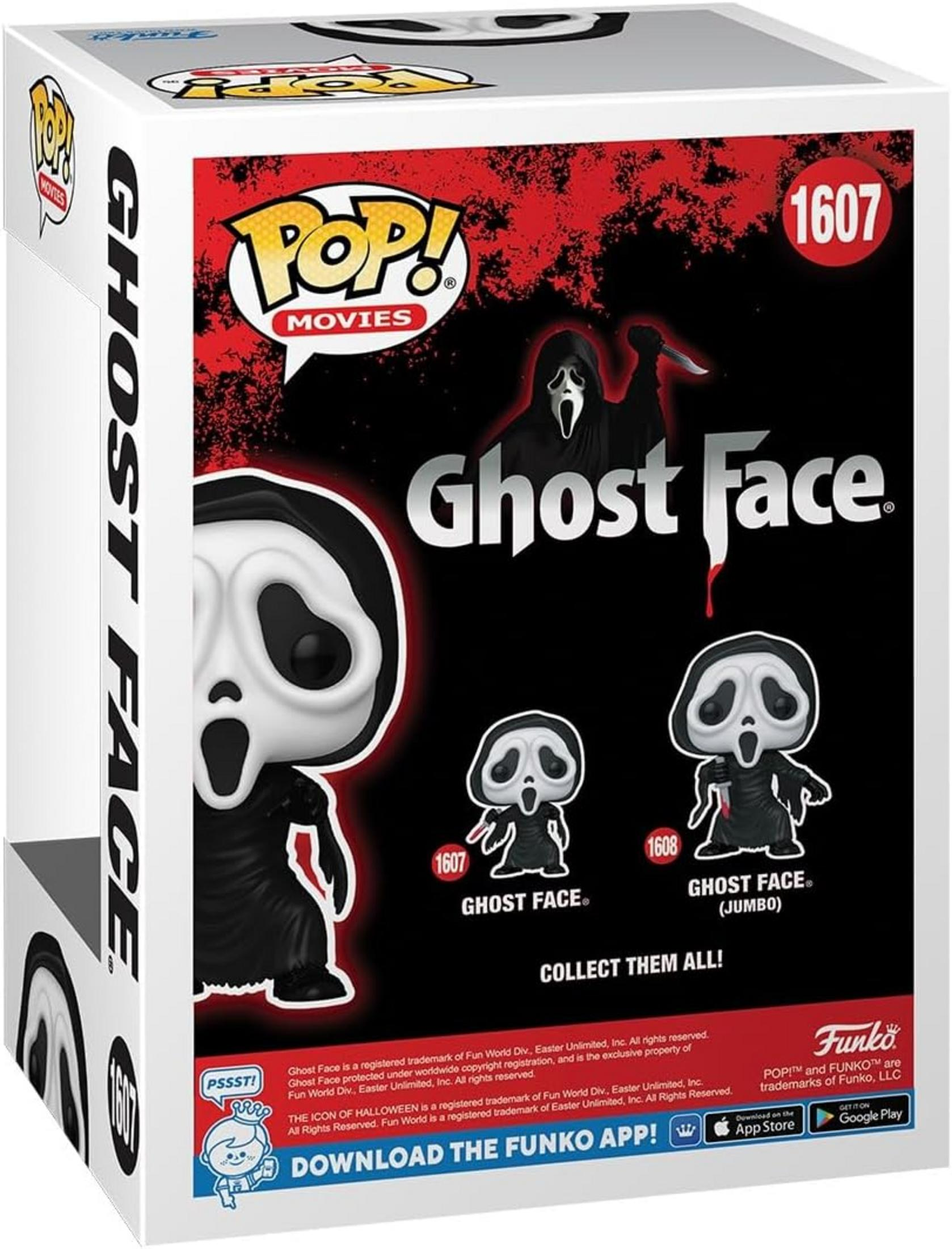Funko Pop Box für Ghost Face, mit dem Charakter und zwei kleineren Figuren.