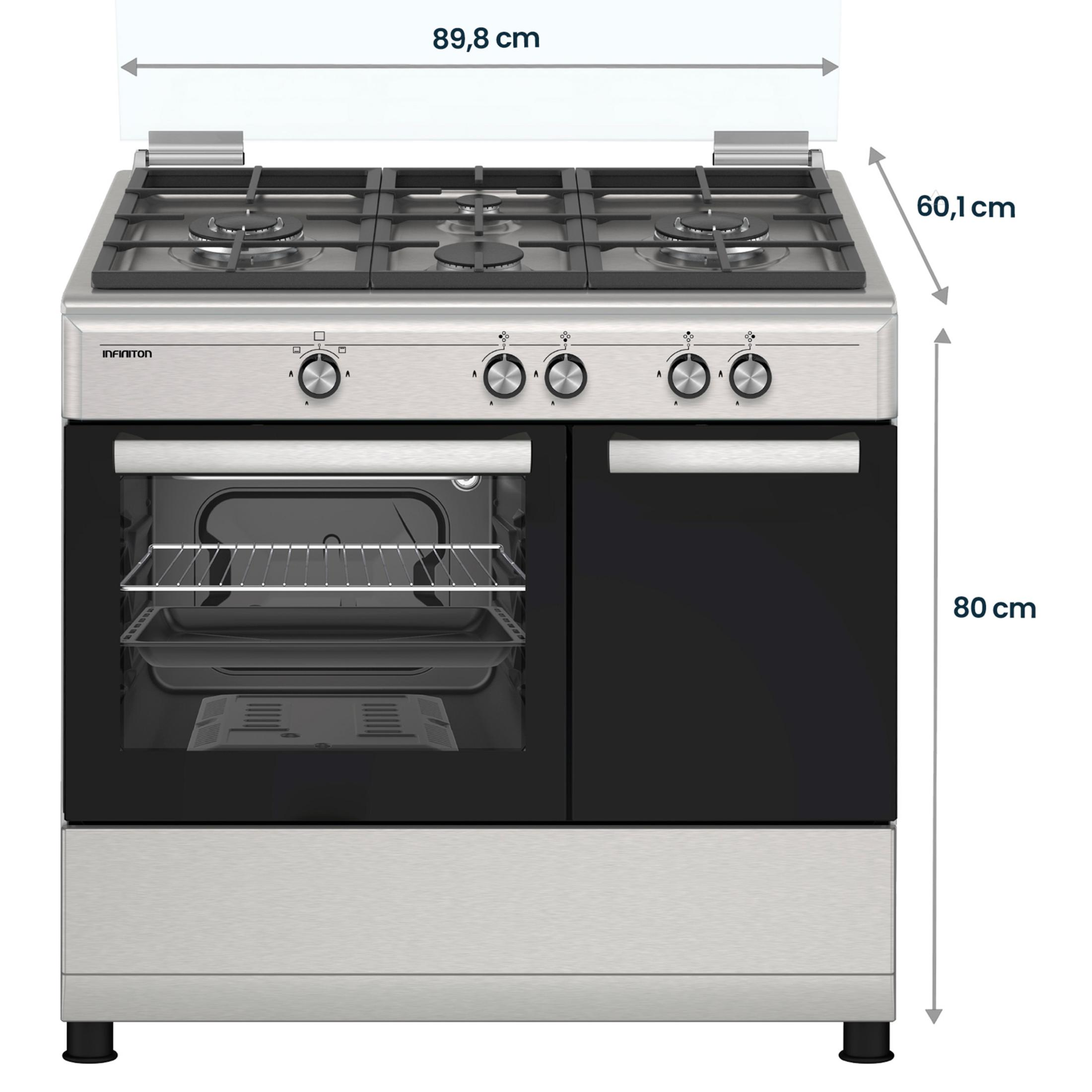 Cocina de gas de acero inoxidable con cuatro quemadores, tapa de cristal y horno.