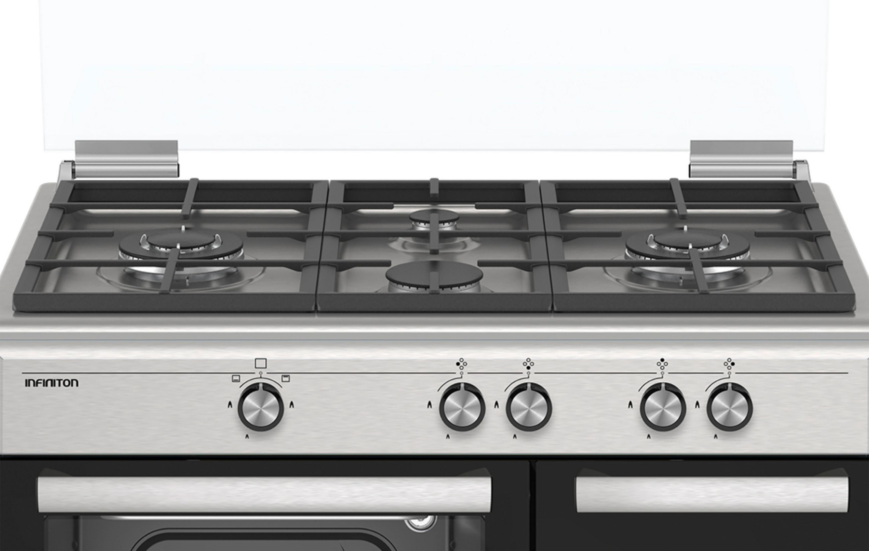 Cocina de gas de acero inoxidable con cuatro quemadores y tapa de cristal.