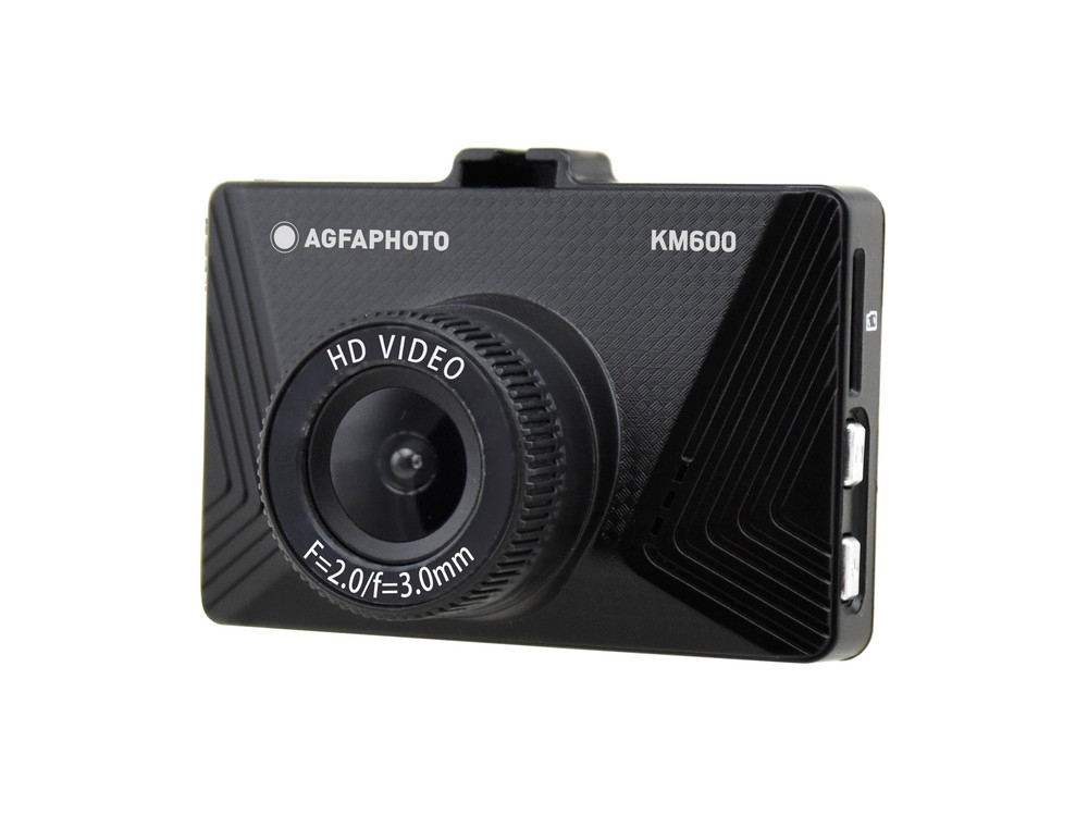Eine schwarze AgfaPhoto KM600 HD-Videokamera für das Armaturenbrett ist weiß abgebildet.
