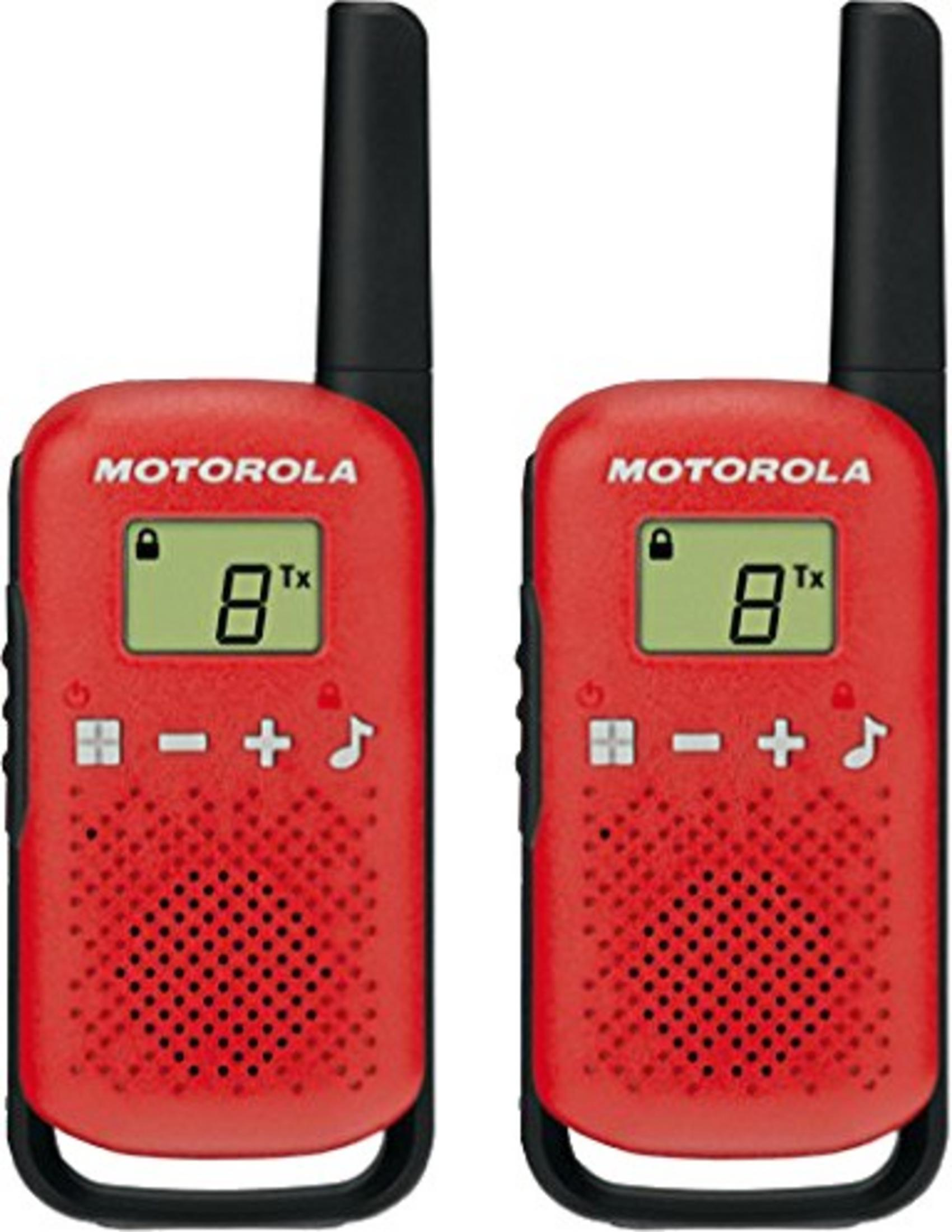Zwei rote Motorola-Funkgeräte mit schwarzen Antennen und Displays, die Kanal 8 anzeigen.