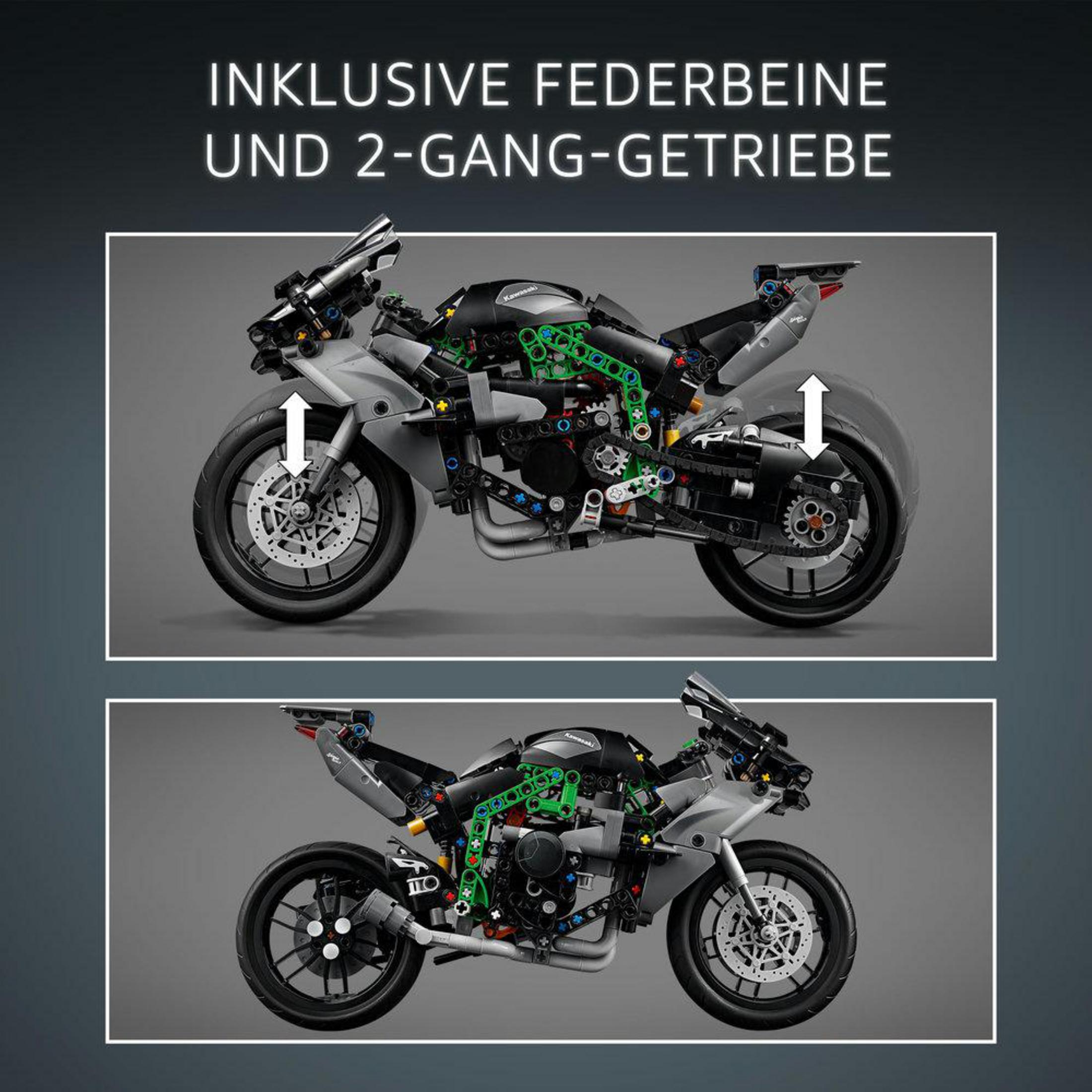 Detaylı mekaniklere sahip gri ve siyah bir LEGO Technic motosiklet modeli.