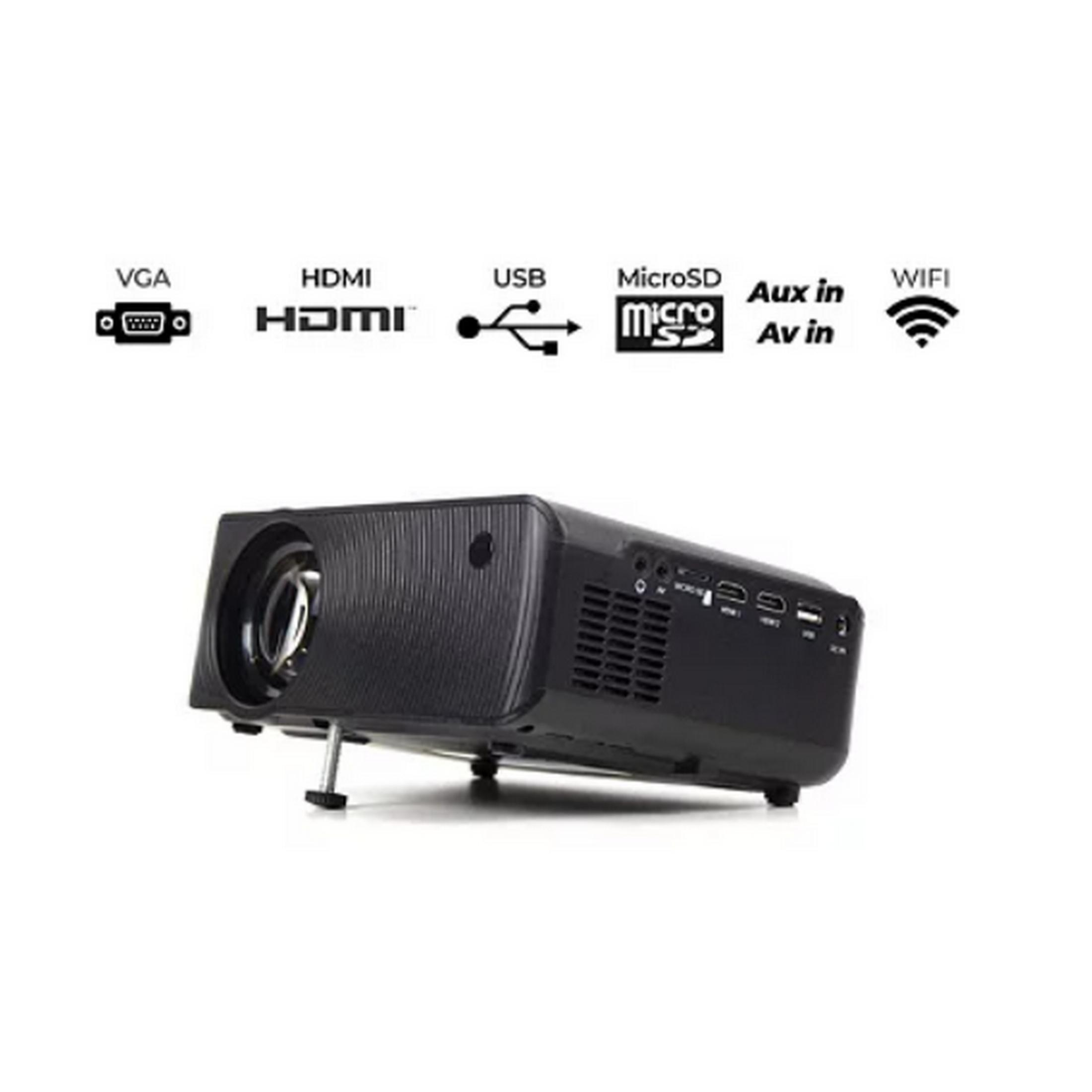 Black projector with ports: VGA, HDMI, USB, MicroSD, Aux/Av, WiFi.