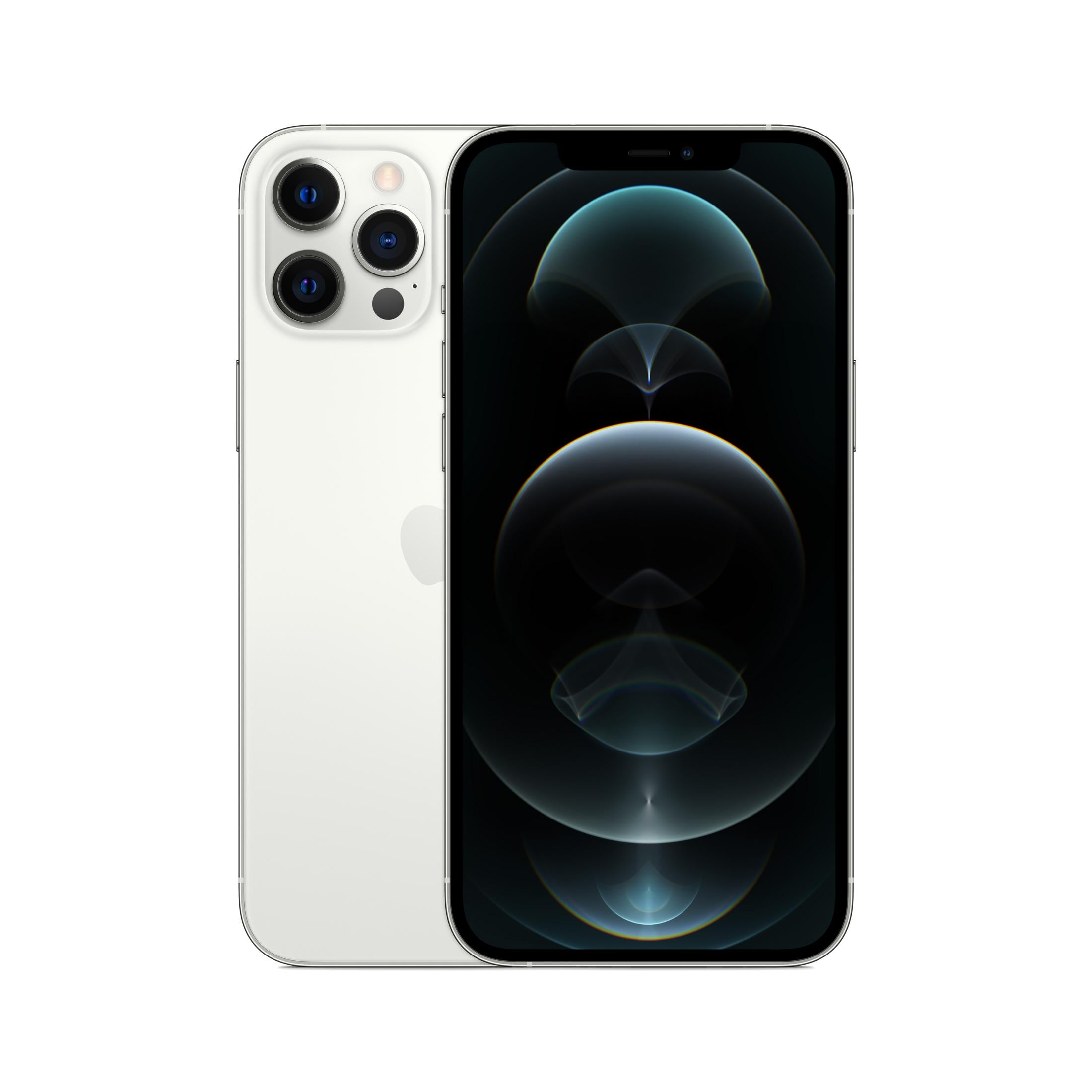 Srebrny iPhone z trzema tylnymi aparatami, wyświetlony z ciemną, abstrakcyjną tapetą.