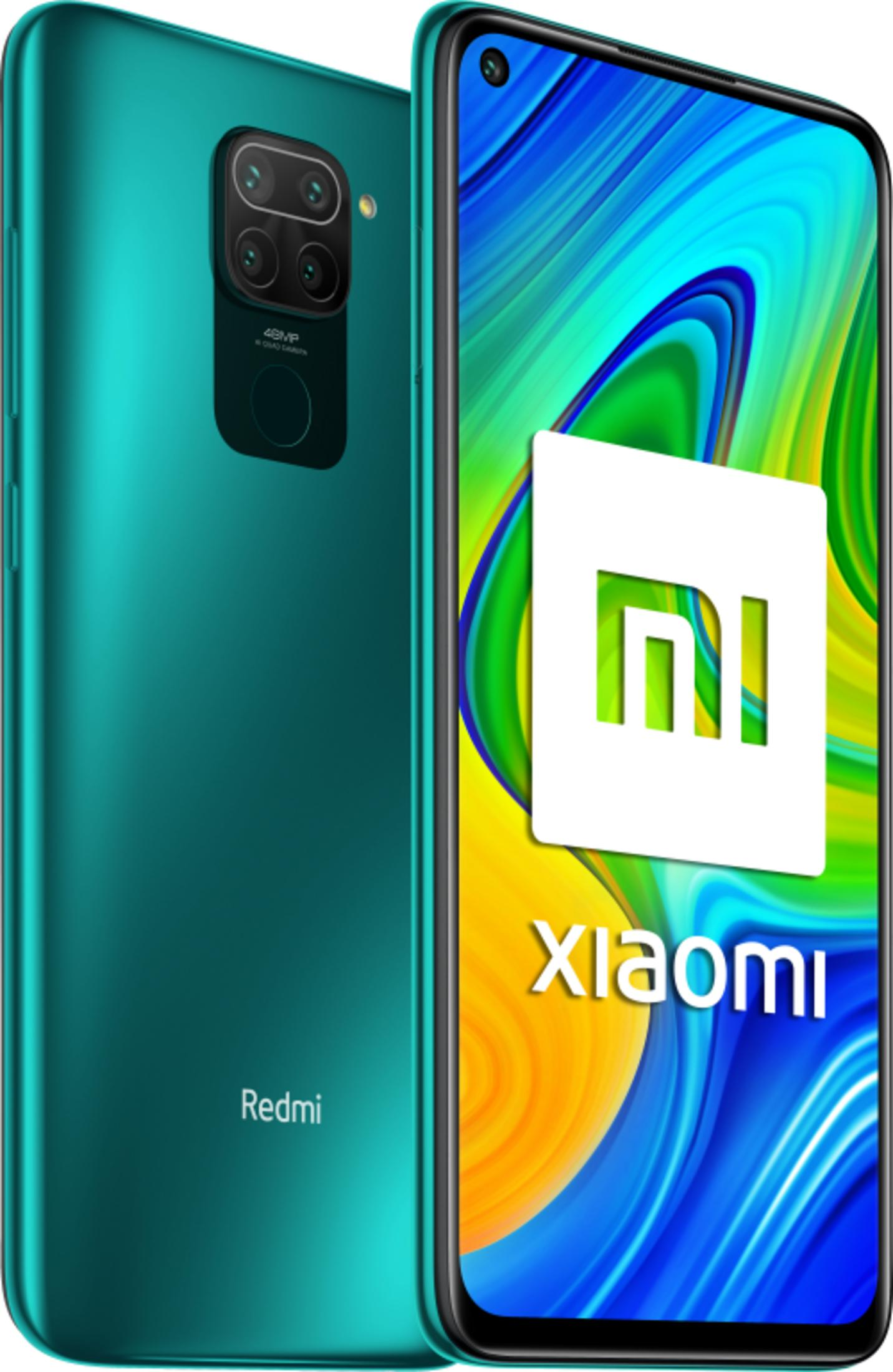 Ein türkisfarbenes Smartphone mit vier Kameras auf der Rückseite und einem Xiaomi-Logo auf dem Bildschirm.