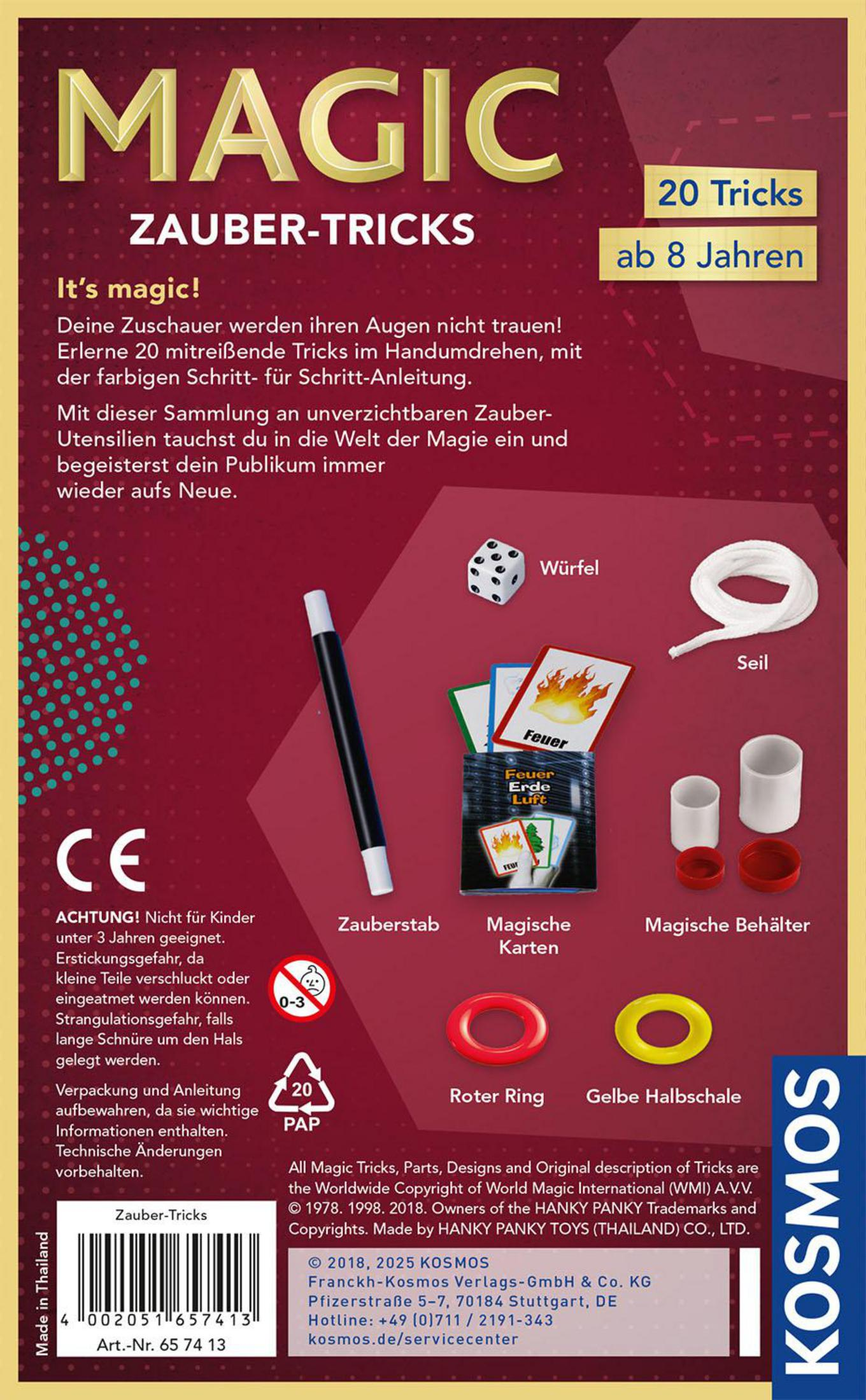 Zauber-Set mit Zauberstab, Würfel, Seil, Karten, Ringen und Behältern.