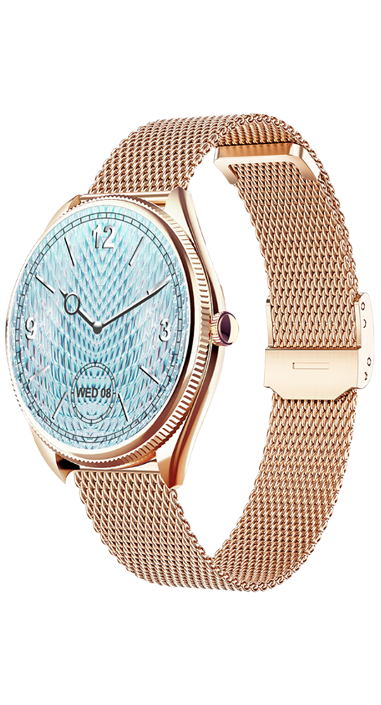 Eine Roségolduhr mit blauem Musterzifferblatt und Mesh-Armband.