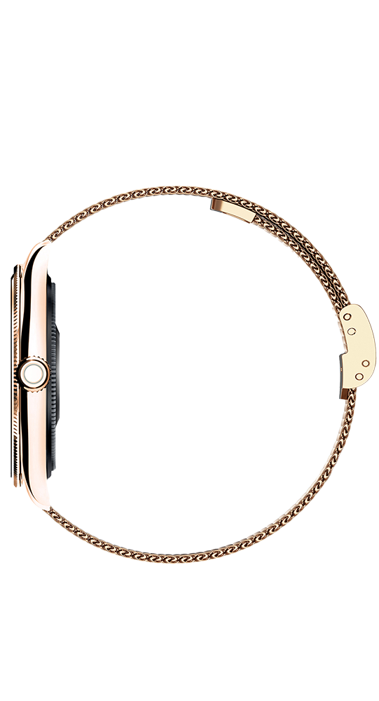 Eine goldene Smartwatch mit einem Gliederarmband, Seitenansicht.