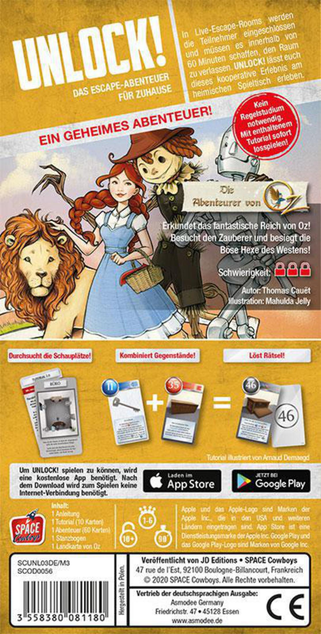 Unlock! Spielbox mit Dorothy, Vogelscheuche, Löwe, Blechmann. Zeigt Spielzusammenfassung.