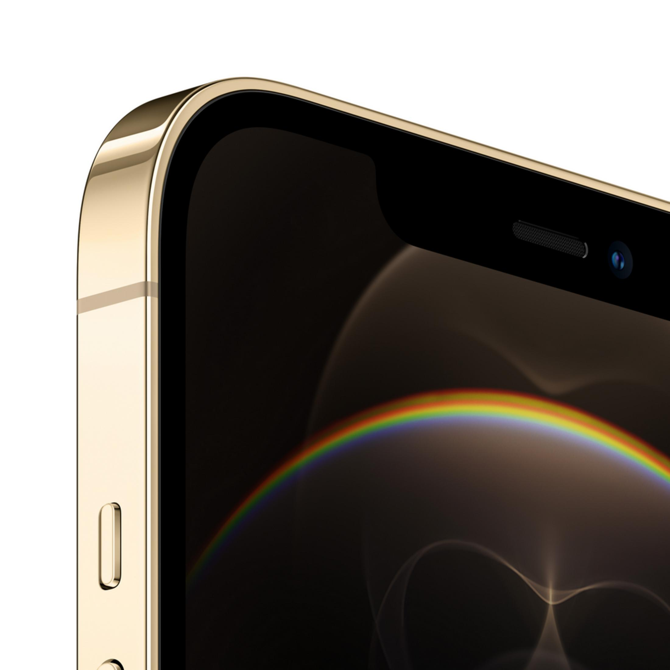 Goldenes Smartphone mit seitlichem Lautstärkeregler und einem Regenbogeneffekt.
