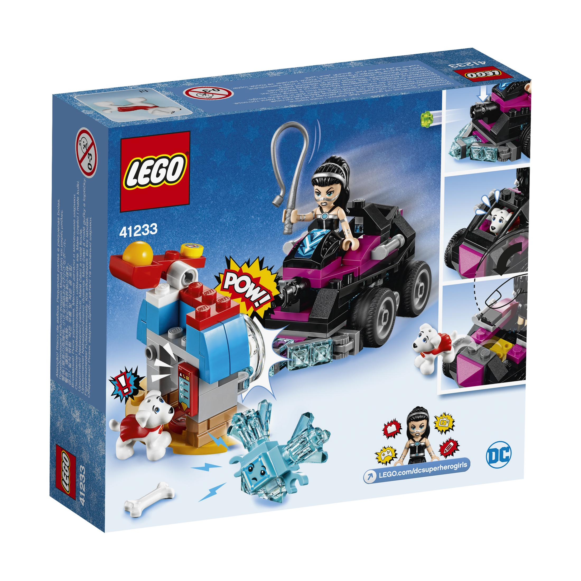 Set Lego con cattiva in auto viola che attacca cane e edificio.