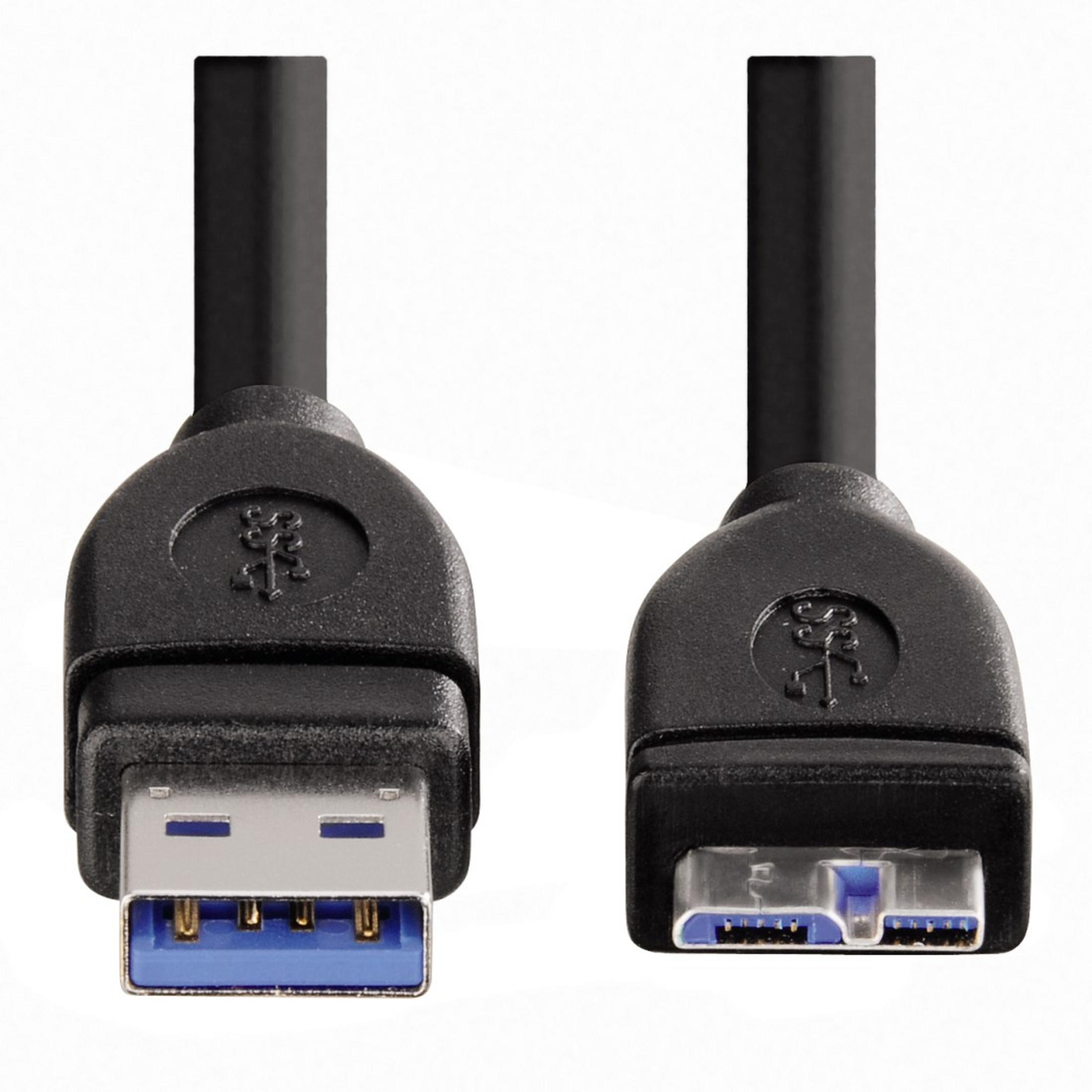 Due connettori cavo USB 3.0 neri con inserti blu e contatti argentati.
