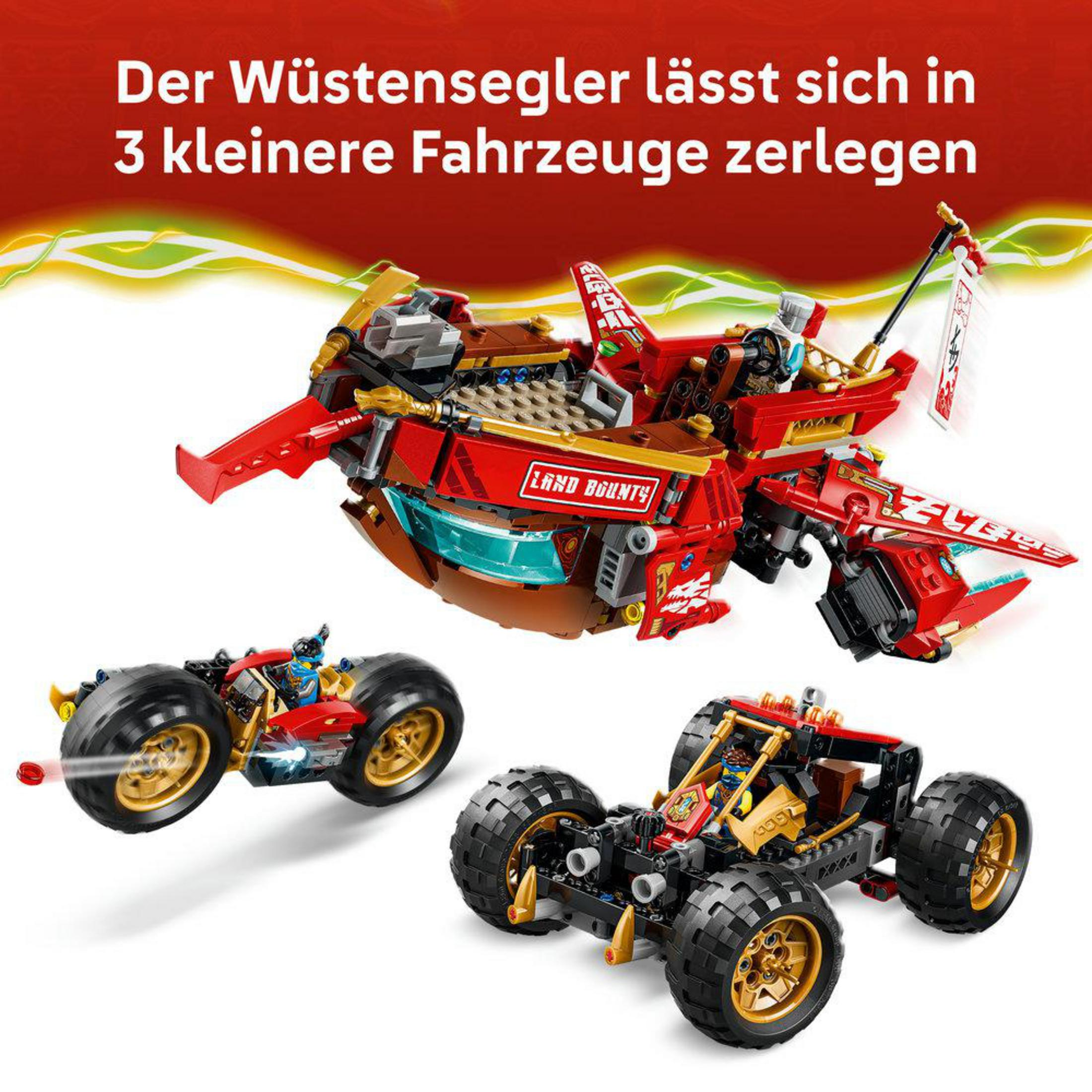 Vehículo Lego rojo desmontable en 3 vehículos más pequeños con figuras.