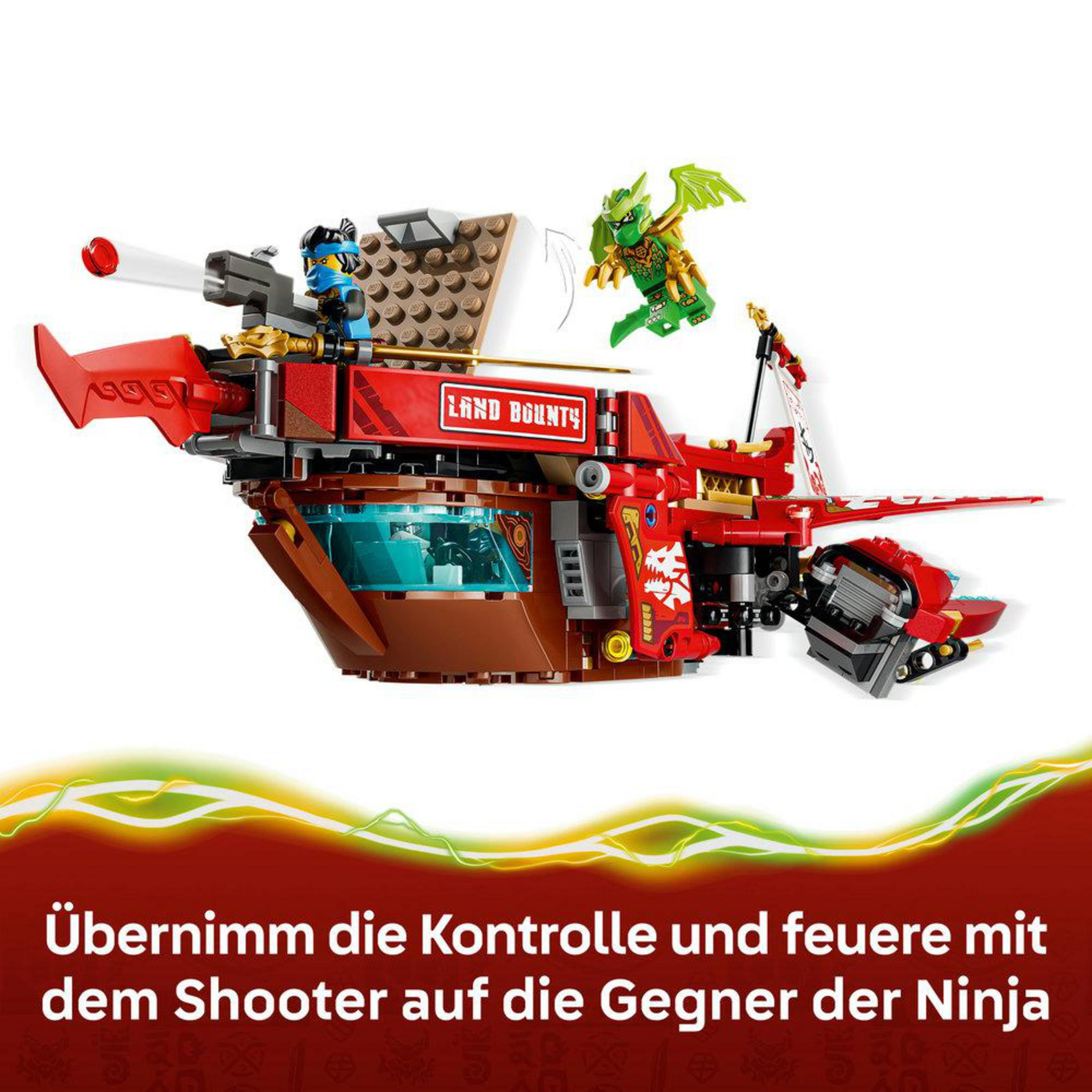 Un vehículo Lego rojo dispara a un dragón verde.