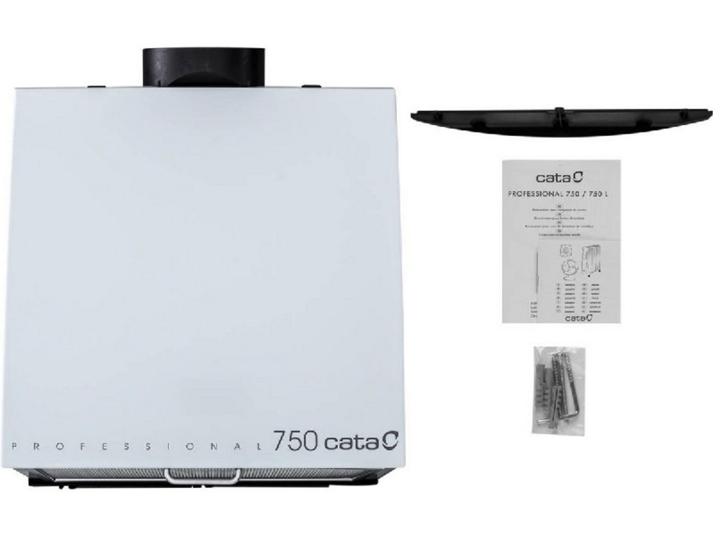 Una cappa aspirante bianca Cata 750 con sfiato nero, manuale, finiture nere e hardware su sfondo bianco.