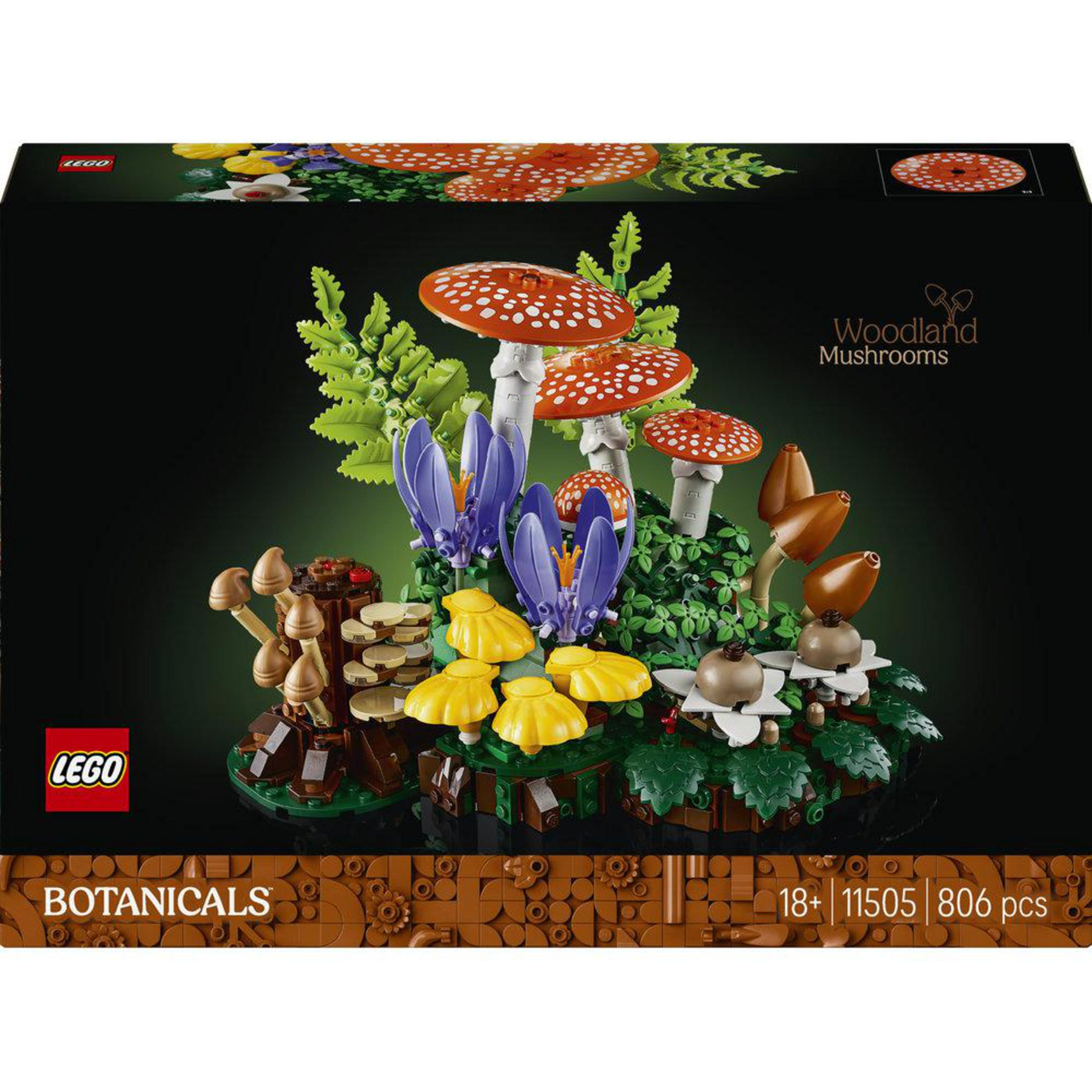 Set LEGO Funghi del Bosco con funghi rossi, fiori gialli e fogliame blu.