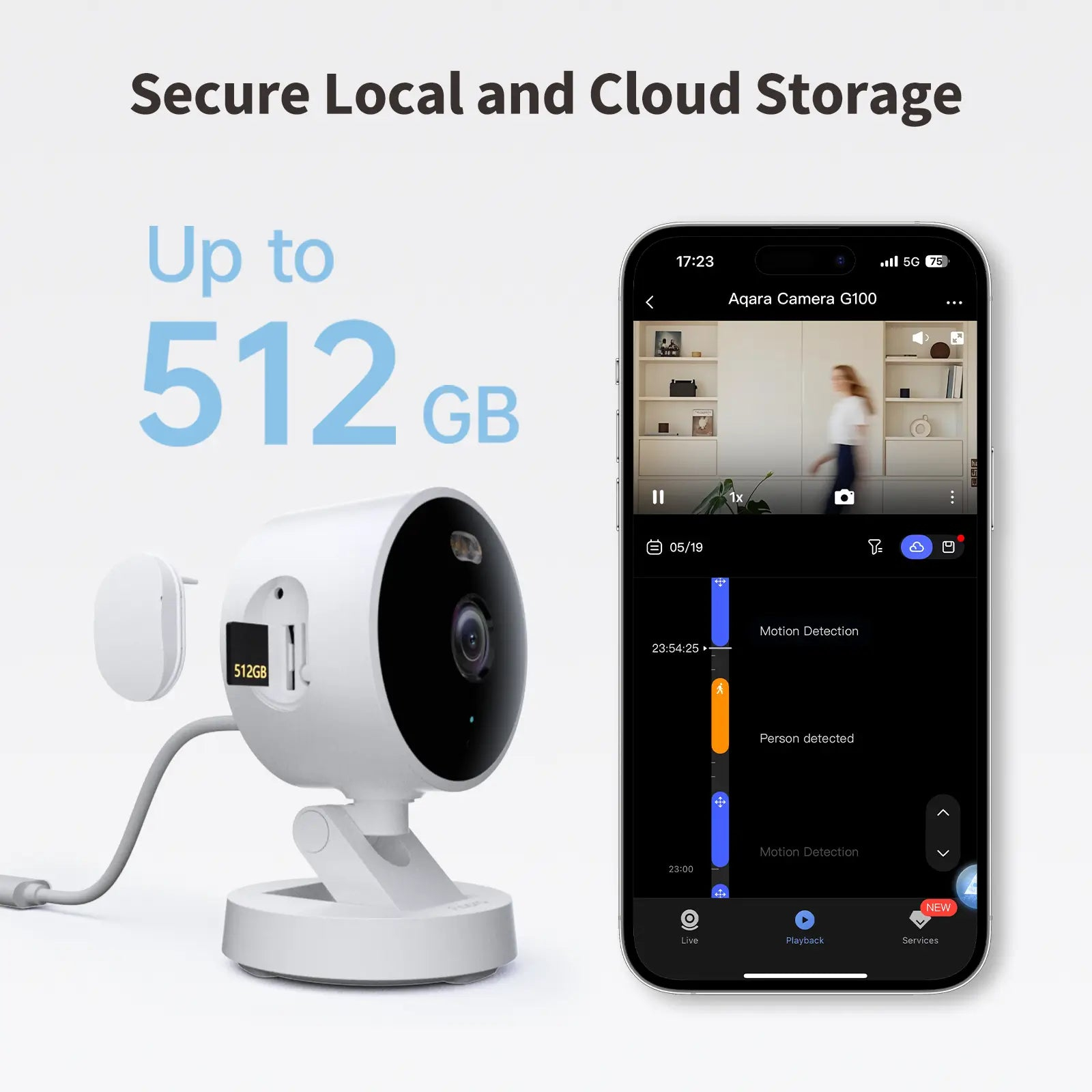 Telecamera di sicurezza bianca con scheda SD e app per telefono che mostra una persona.