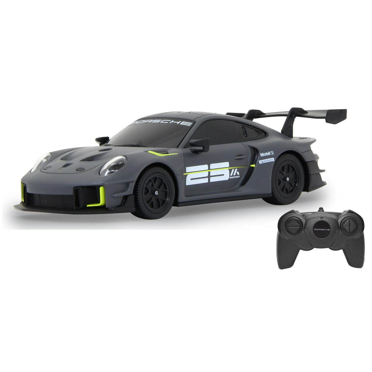 Graues ferngesteuertes Porsche-Spielzeugauto mit Spoiler und Fernbedienung.