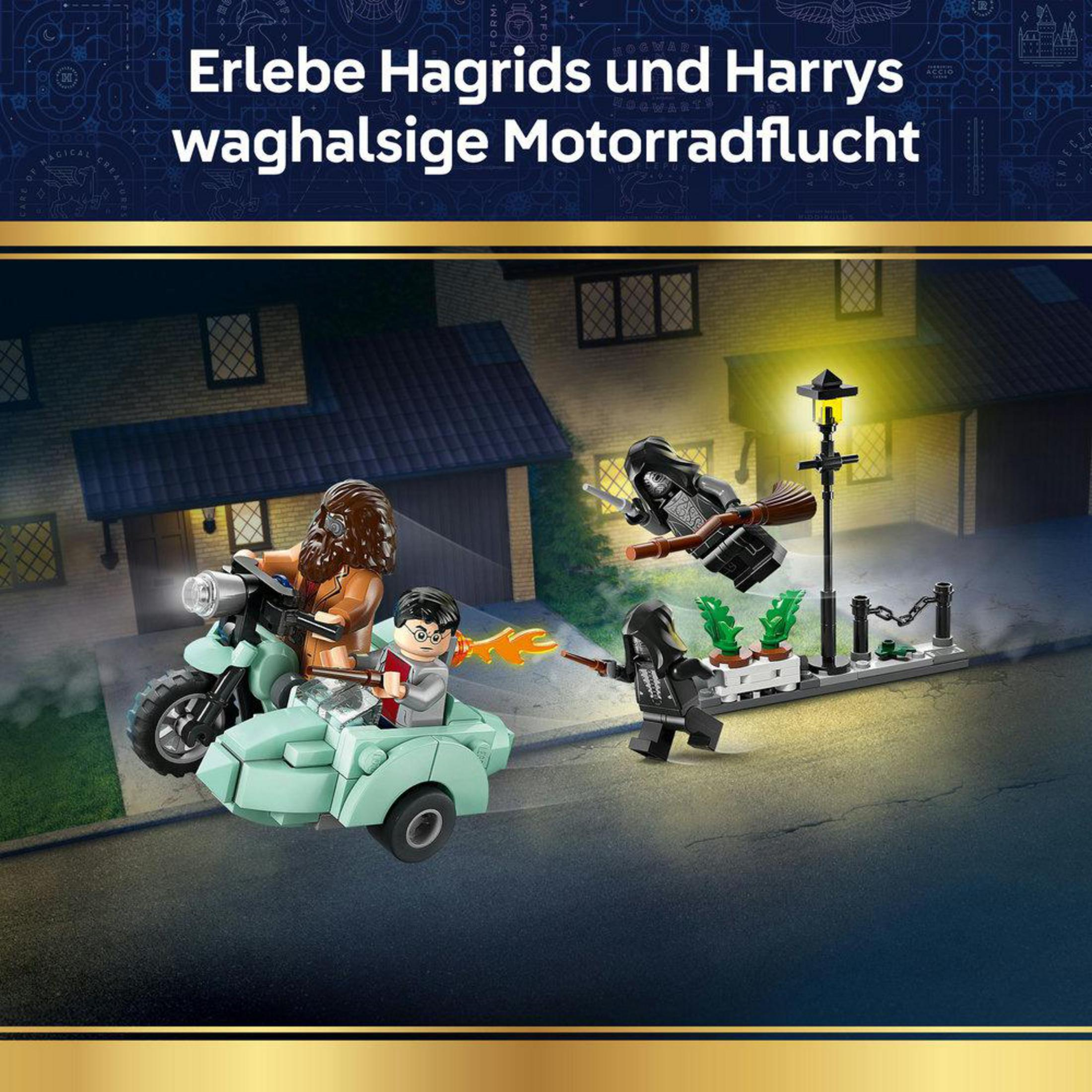 Hagrid conduce una moto con sidecar, Harry lanza hechizos, Dementores atacan.