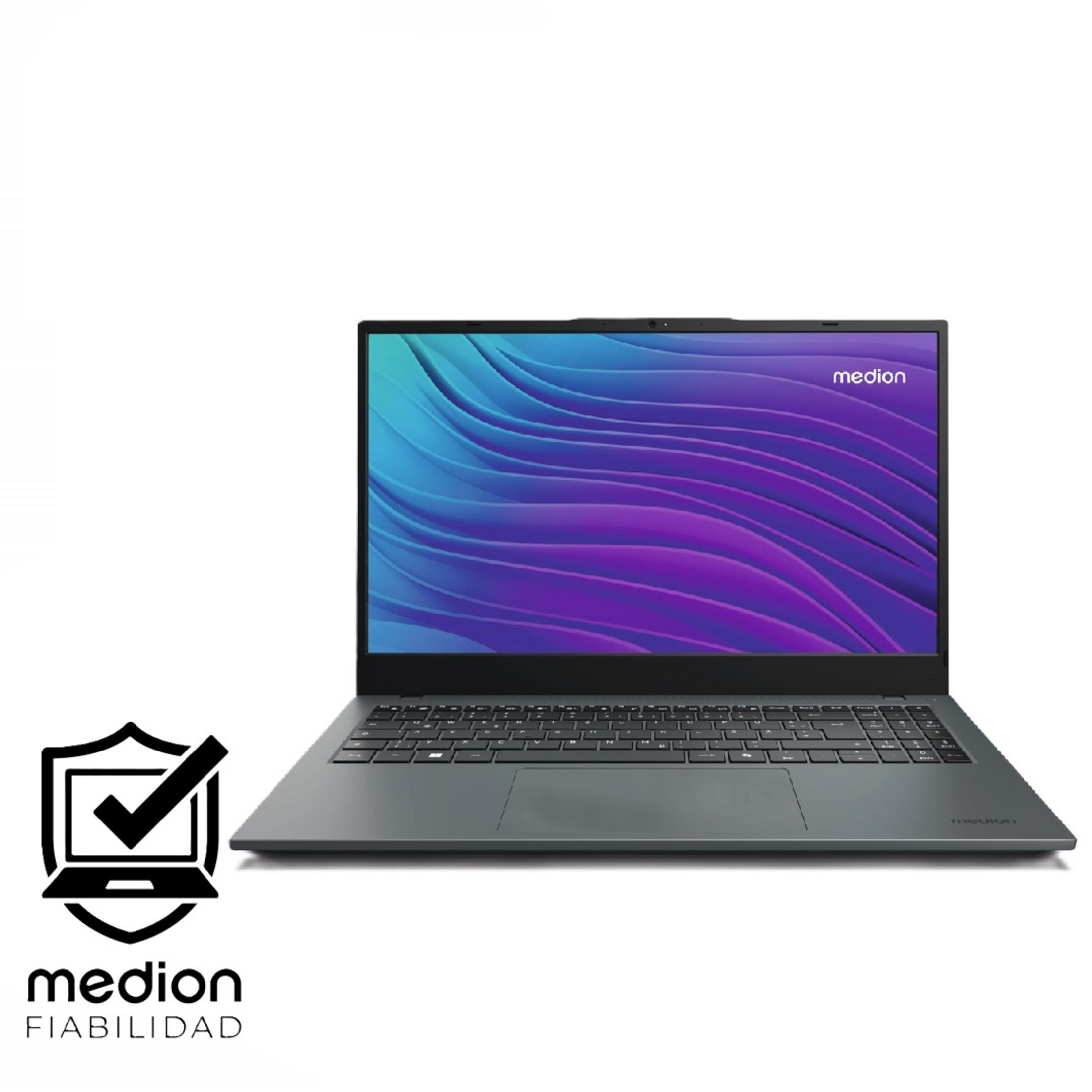 Szary laptop Medion z abstrakcyjnym niebiesko-fioletowym tłem.