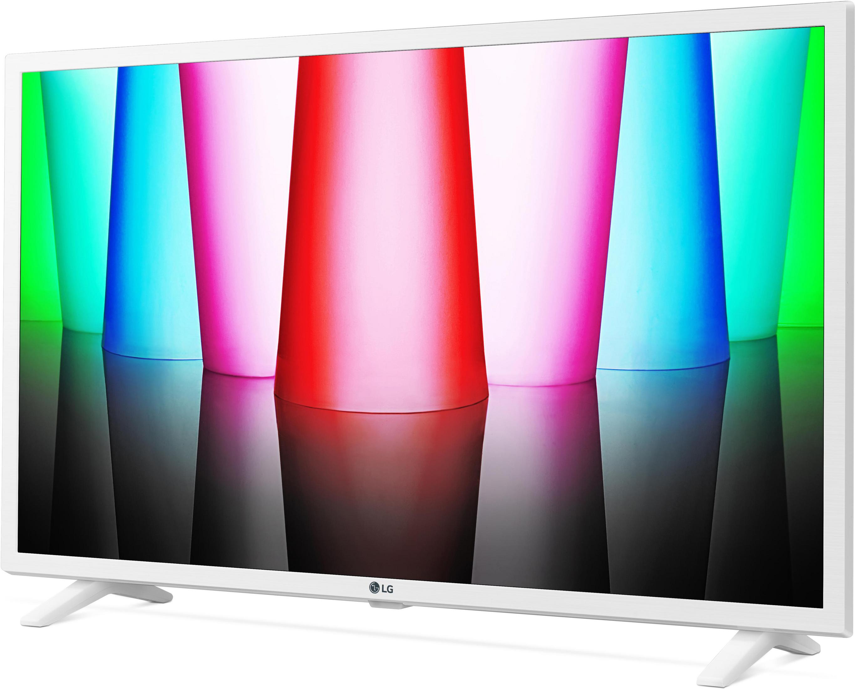 Biały telewizor LG wyświetla kolorowe pionowe paski: zielony, cyjan, niebieski, różowy, czerwony.