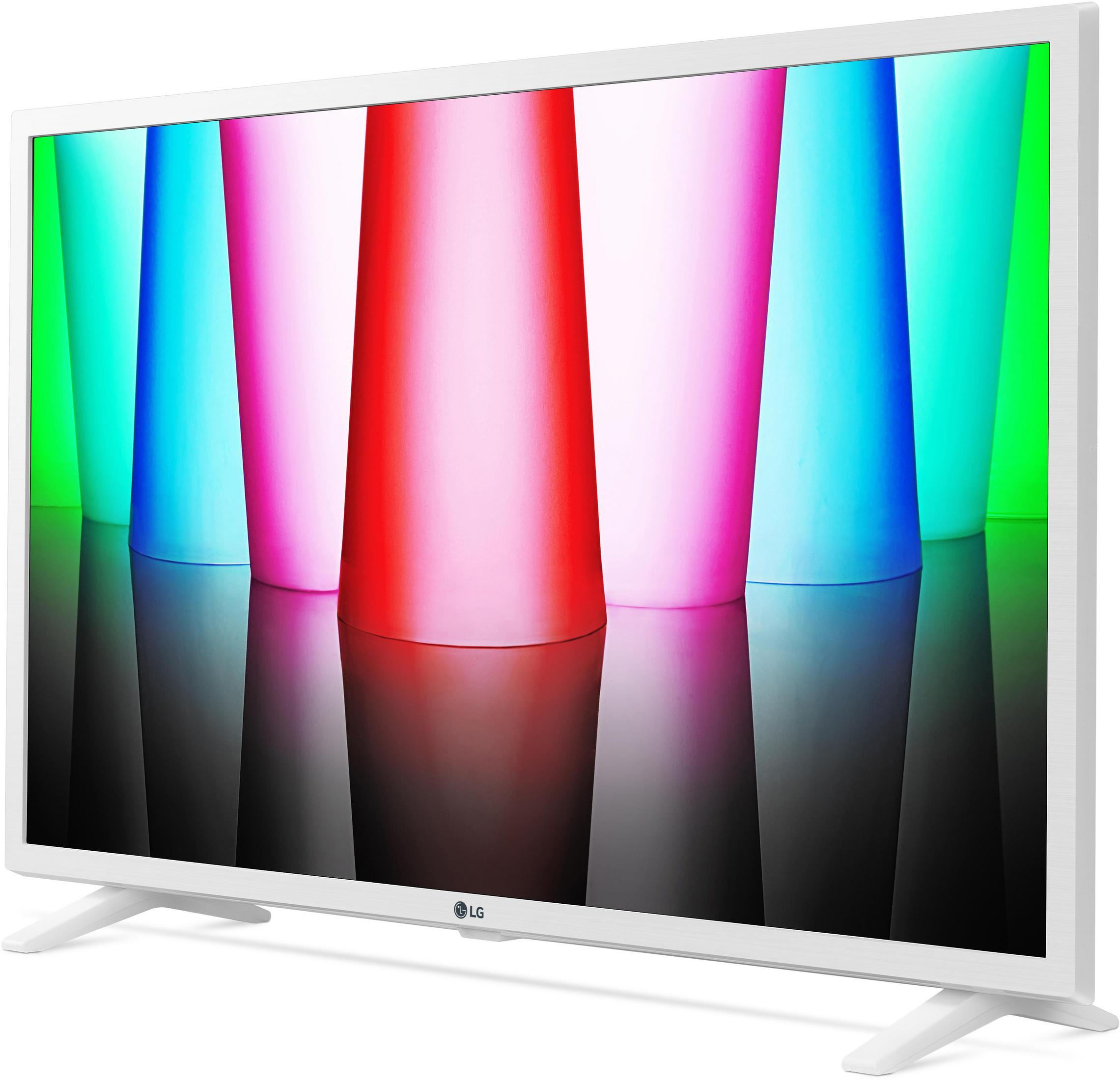 Biały telewizor LG wyświetla pionowe pasy w kolorach zielonym, niebieskim, różowym i czerwonym.
