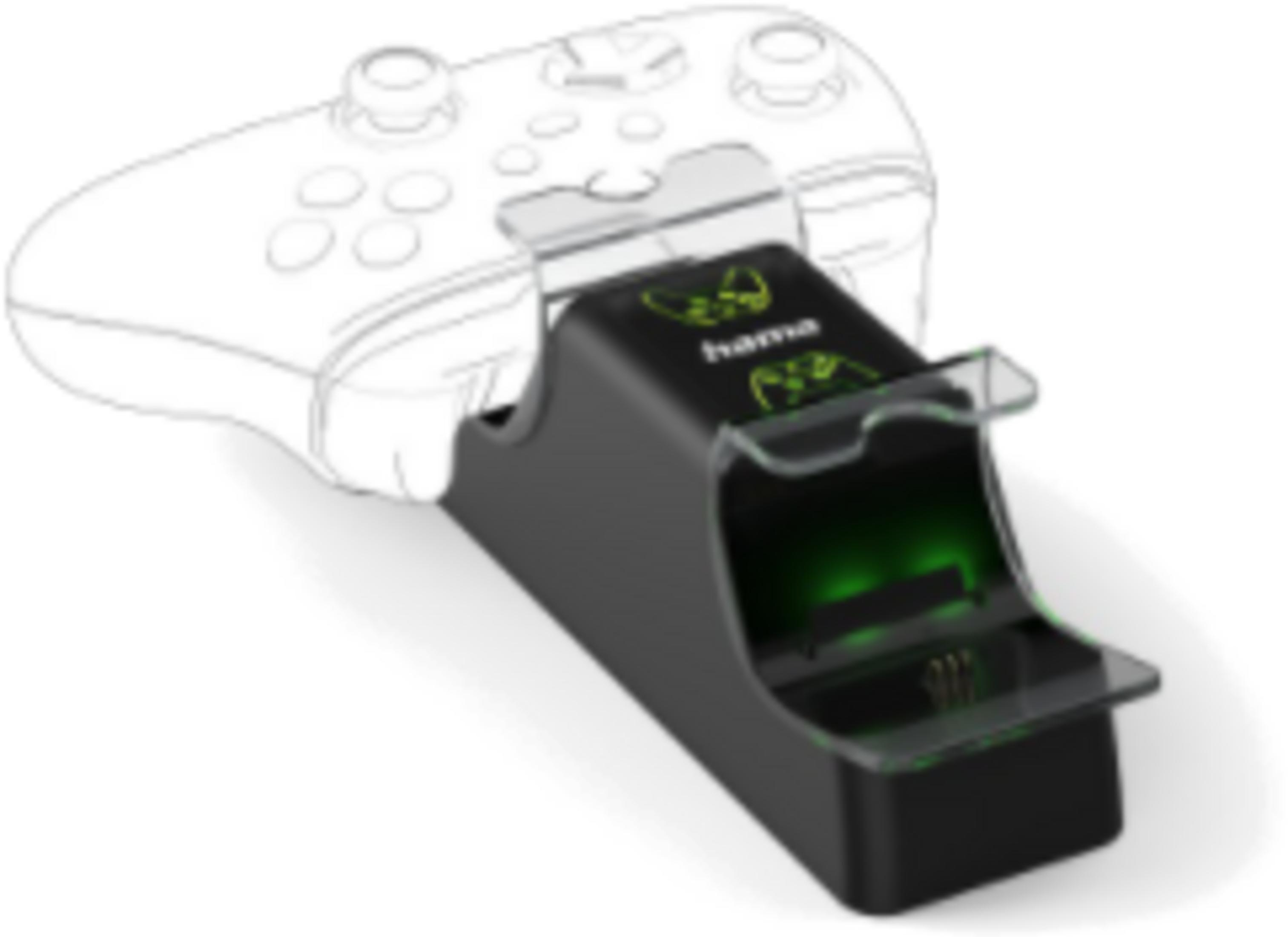 Schwarzer Ladeständer für Controller mit grünen Lichtern und Controller-Umriss.