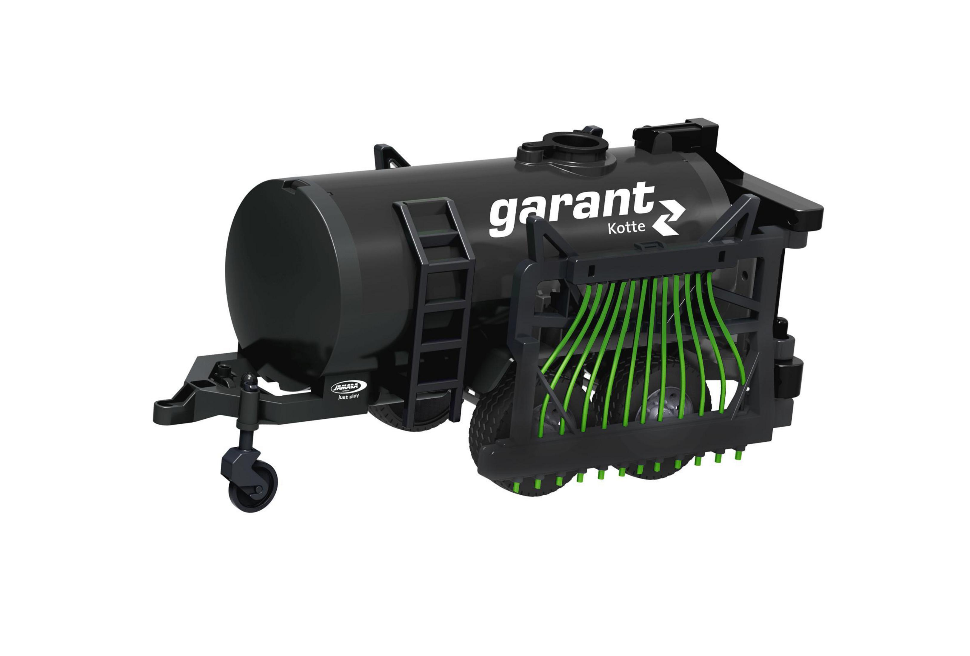 Schwarzer Tankwagen mit grünen Schläuchen und Rädern, auf weißem Hintergrund.