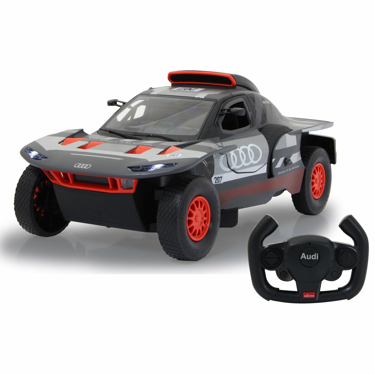 Ein graues Audi-Rennauto mit roten Akzenten und ein schwarzer Controller.