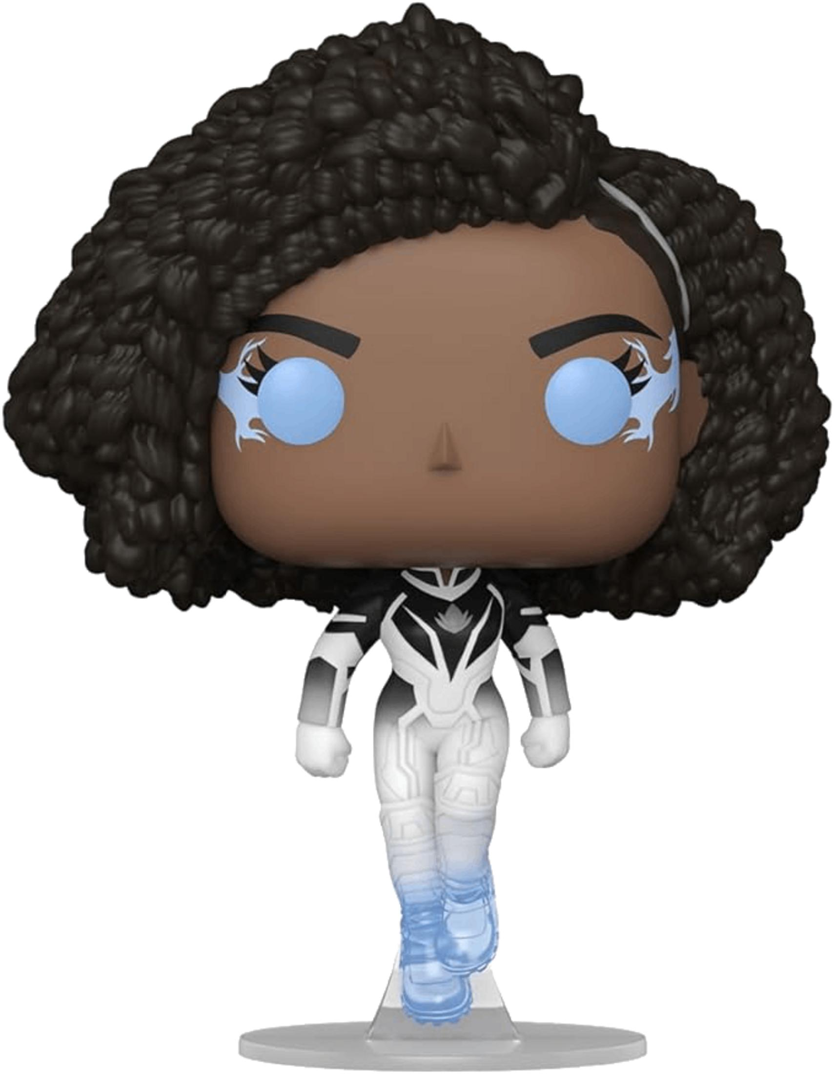 Una figura Funko Pop nera con occhi blu e tuta bianca e nera.