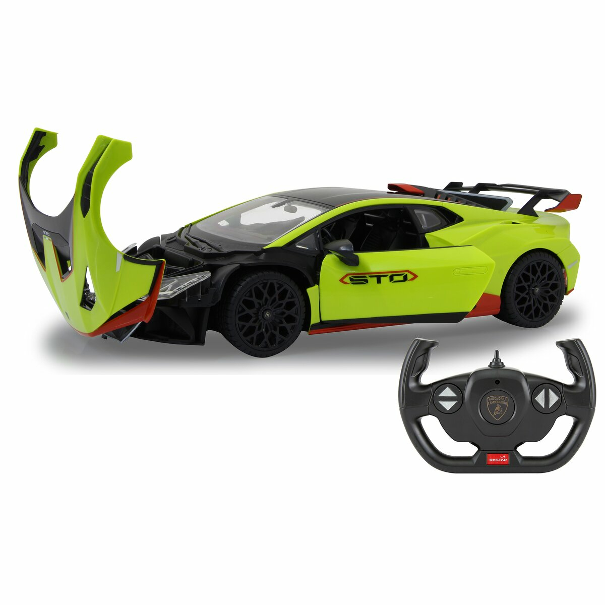 Ein neon grner Spielzeug-Lamborghini STO mit offenen T&uuml;ren und Haube, und einer Lenkradfernbedienung.