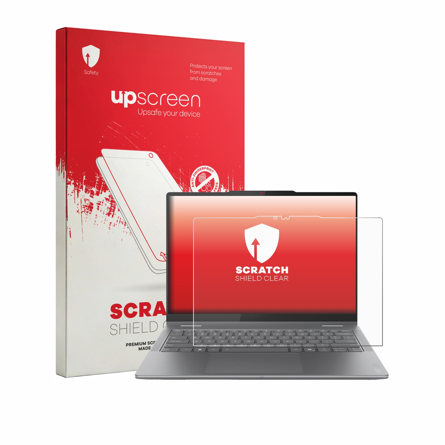 Ein Laptop mit einer Schutzfolie und Verpackung. Rot-weiße Verpackung.