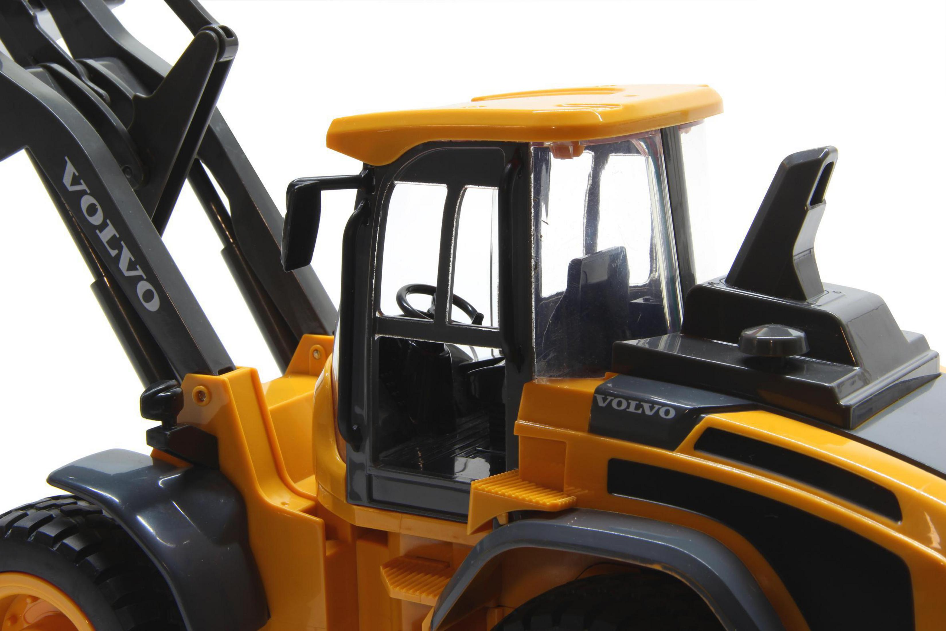 Gelber Volvo-Lader mit schwarzen Details, Nahaufnahme der Kabine und des Arms.
