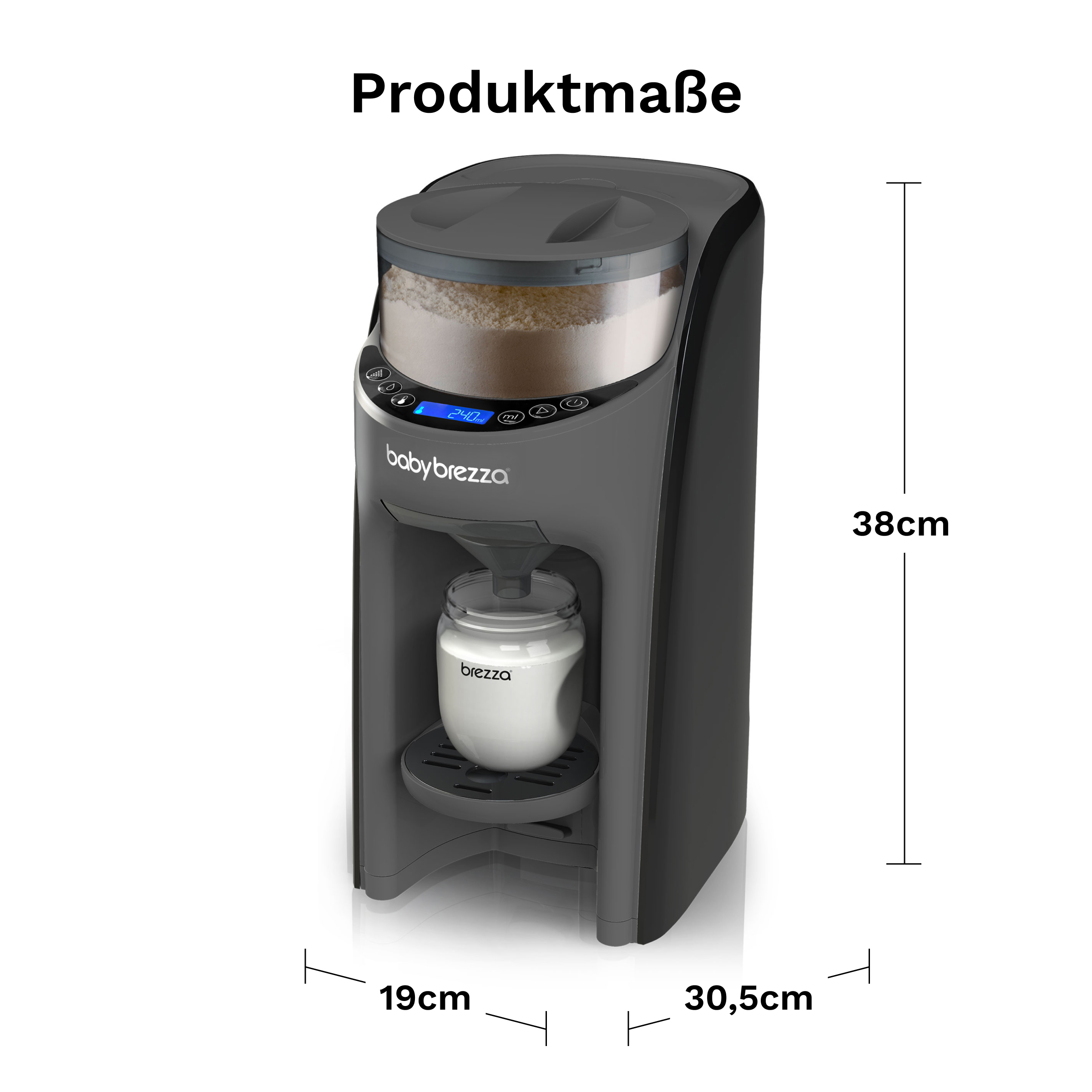 Babybrezza-Flaschenzubereiter mit Pulverbehälter und Milchflasche, Maße 19x30.5x38cm.