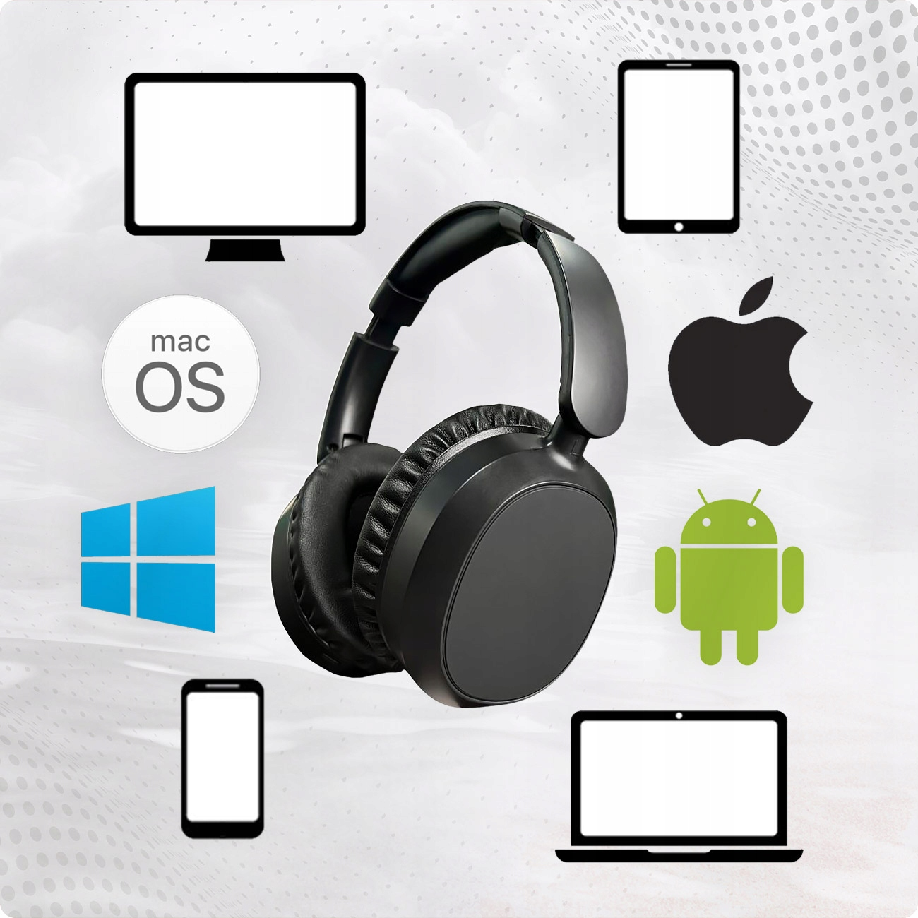 Czarne słuchawki otoczone ikonami komputerów Mac, Windows, Apple, Android, laptopów, tabletów i smartfonów.