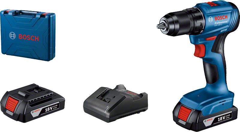 Un trapano Bosch blu con accessori: valigetta, batteria e caricabatterie.