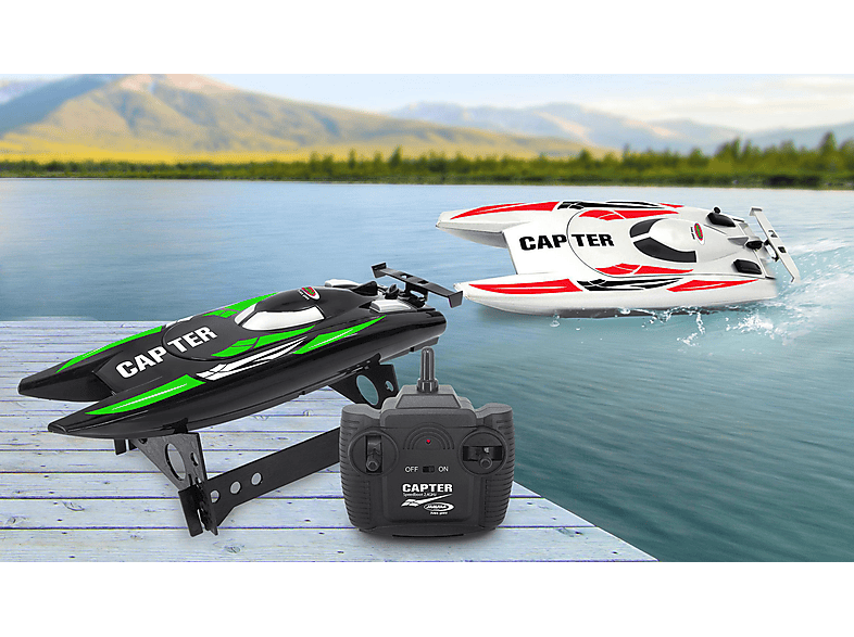 Jamara 410139 Capter Speedboot 2,4 GHz – env. 20 km/h – 2 Moteurs d'entraînement, Fonction de sécurité, fuselage Coulissant pour Haute Vitesse, Joint
