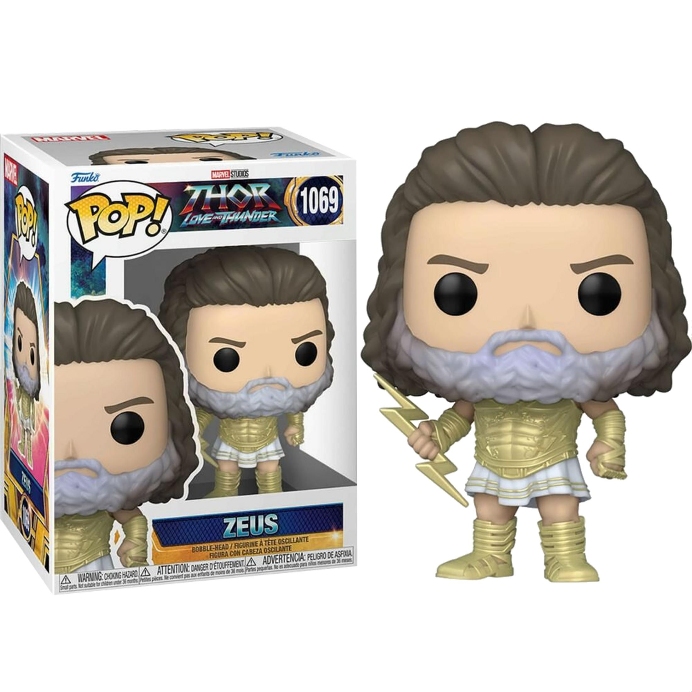 Una figura Funko Pop! di Zeus da Thor: Love and Thunder che tiene un fulmine.