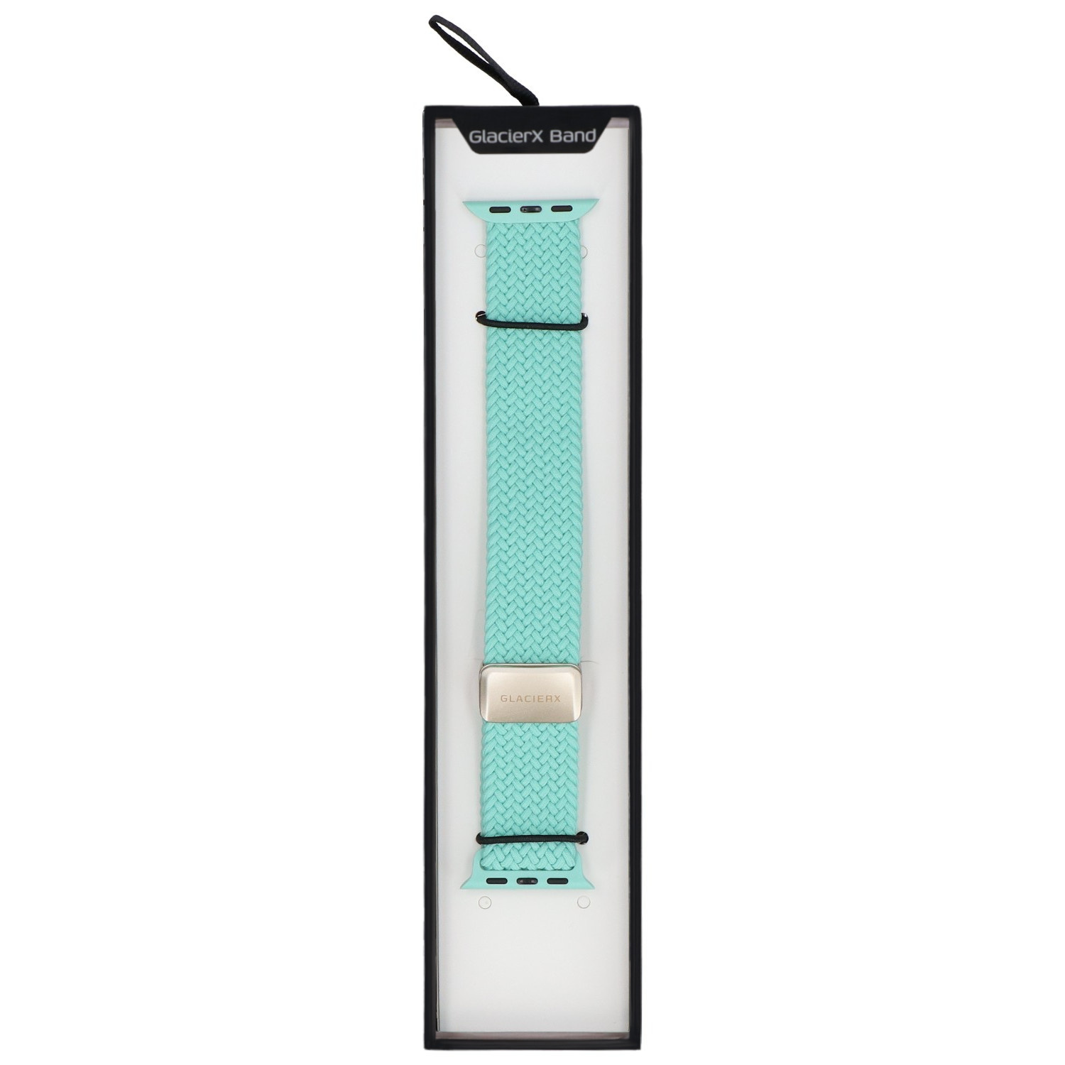 Jasnoniebieska, pleciona opaska do Apple Watch ze srebrną klamrą.